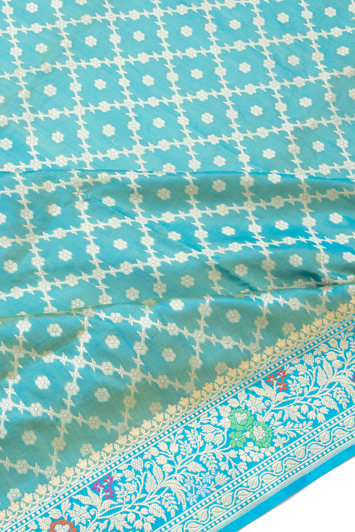 Banarasi Silk Criss Cross Checks And Butta Turquoise Blue Saree