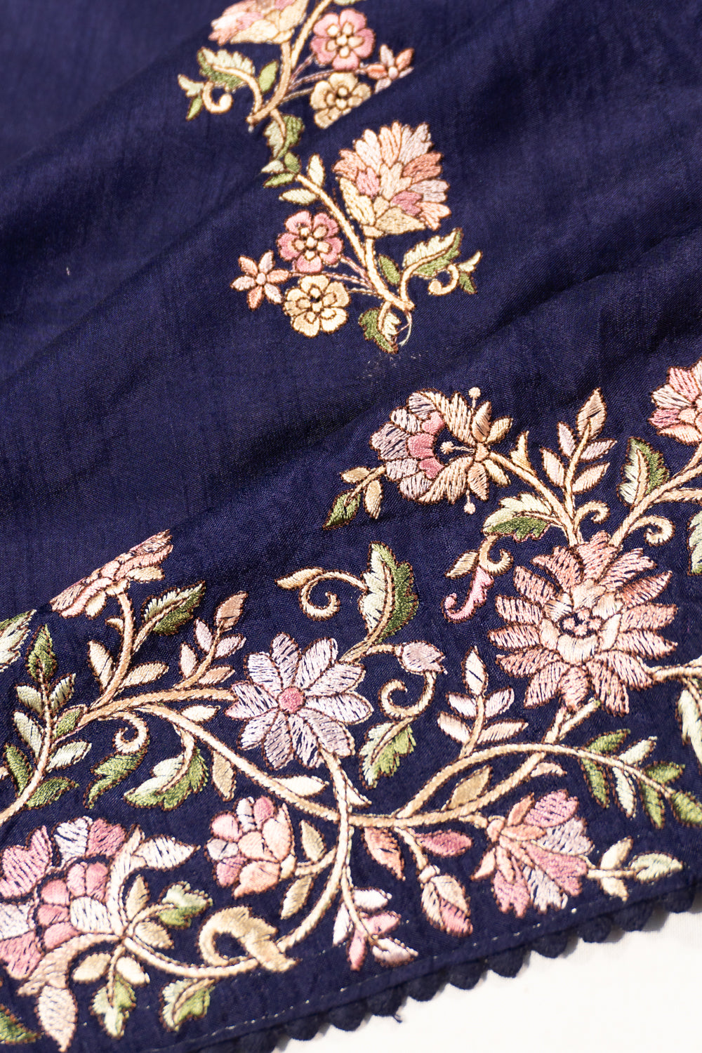 Chanderi Silk Floral Embroidery Butta Dark Blue Saree