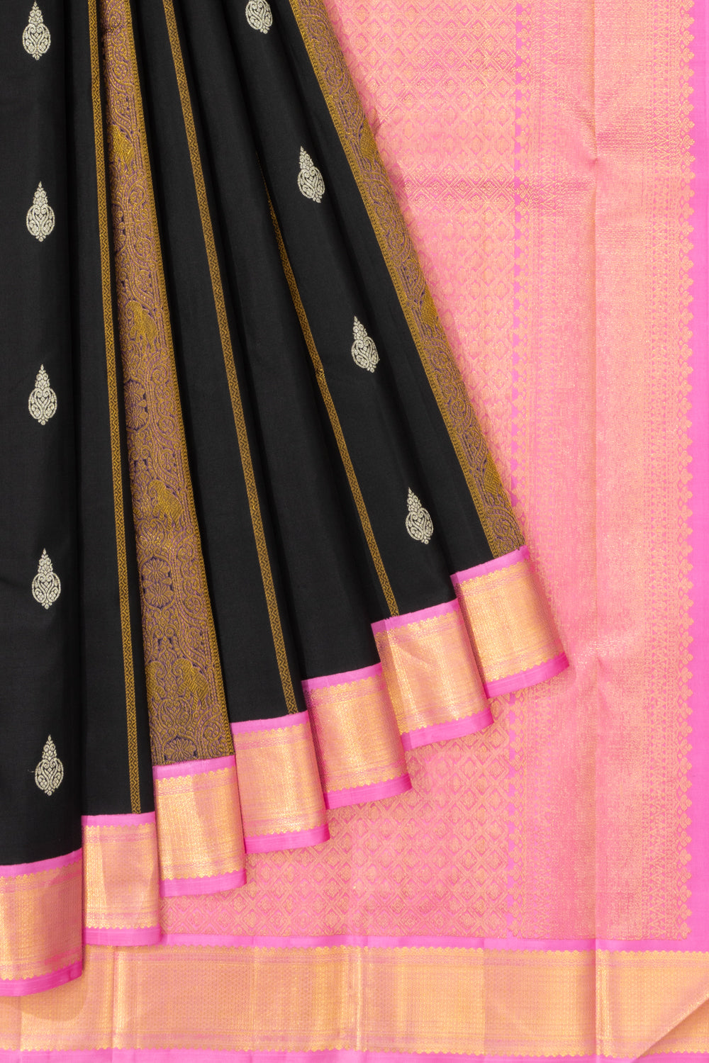 Classic Kanchipuram Silk Vertical Lines And Butta Black Saree