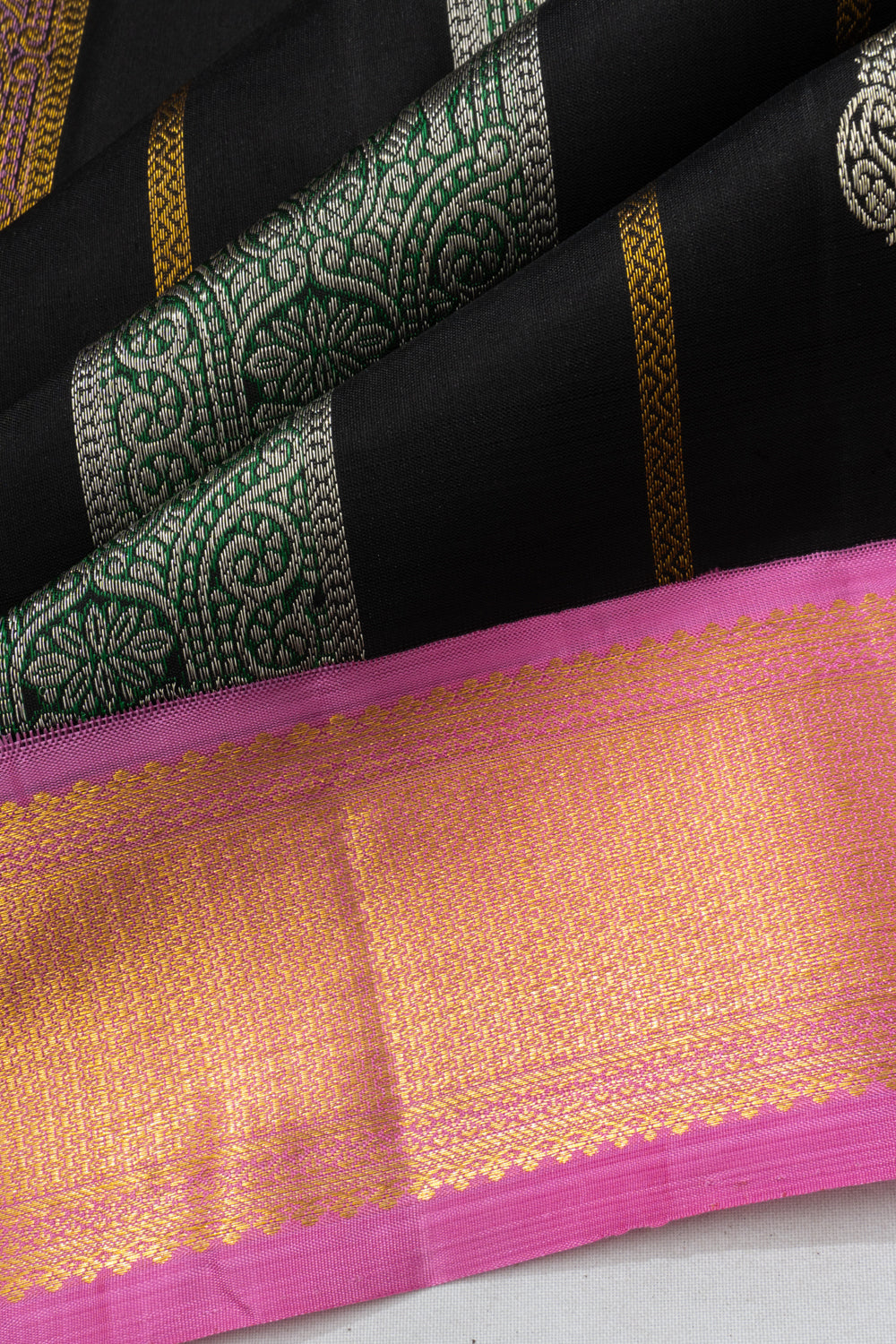 Classic Kanchipuram Silk Vertical Lines And Butta Black Saree