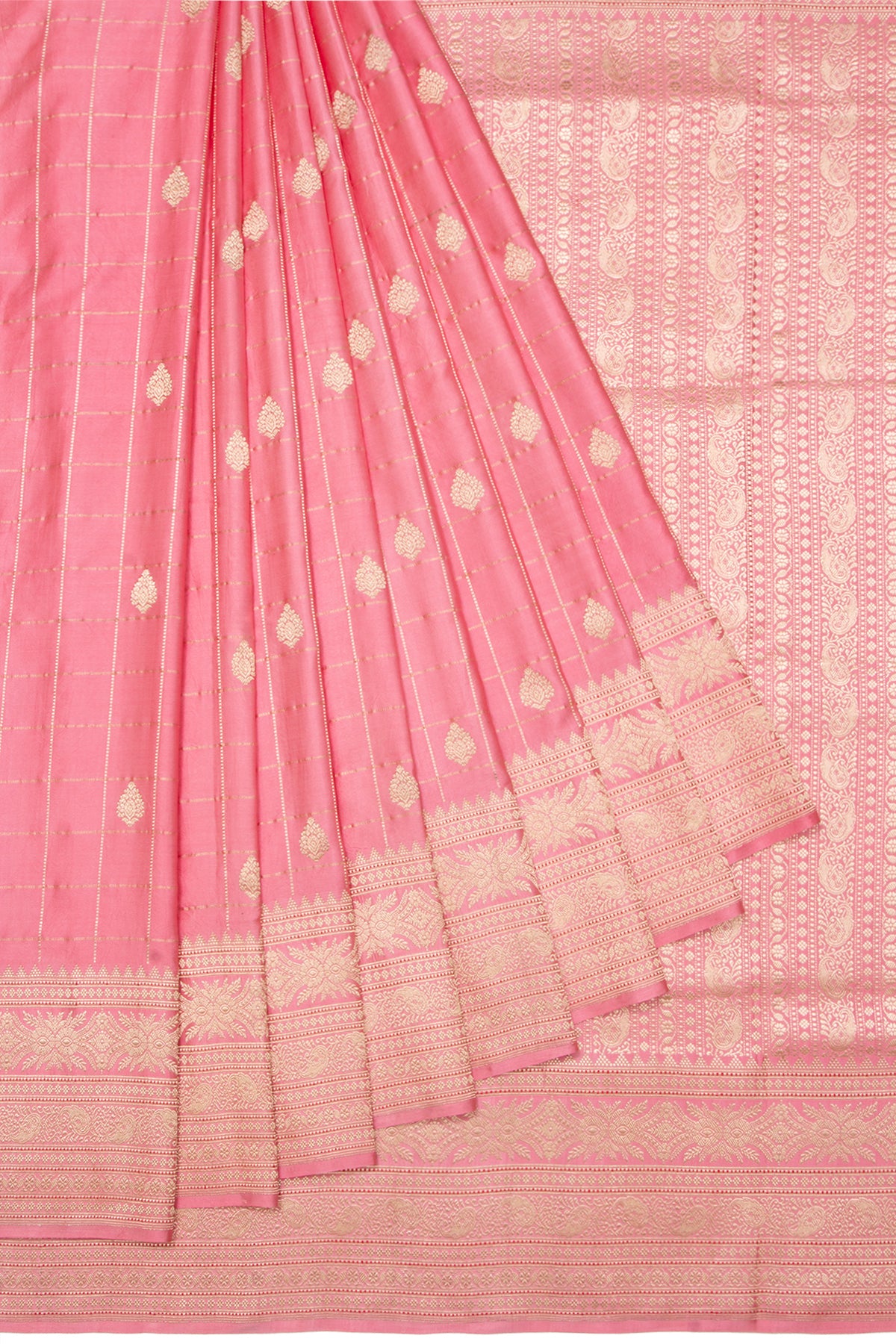 Banarasi Mashru Silk Checks And Butta Baby Pink Saree