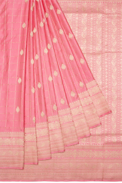 Banarasi Mashru Silk Checks And Butta Baby Pink Saree