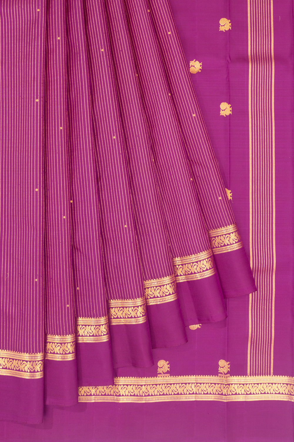 Classic Kanchipuram Silk Vertical Lines And Butta Purple Saree