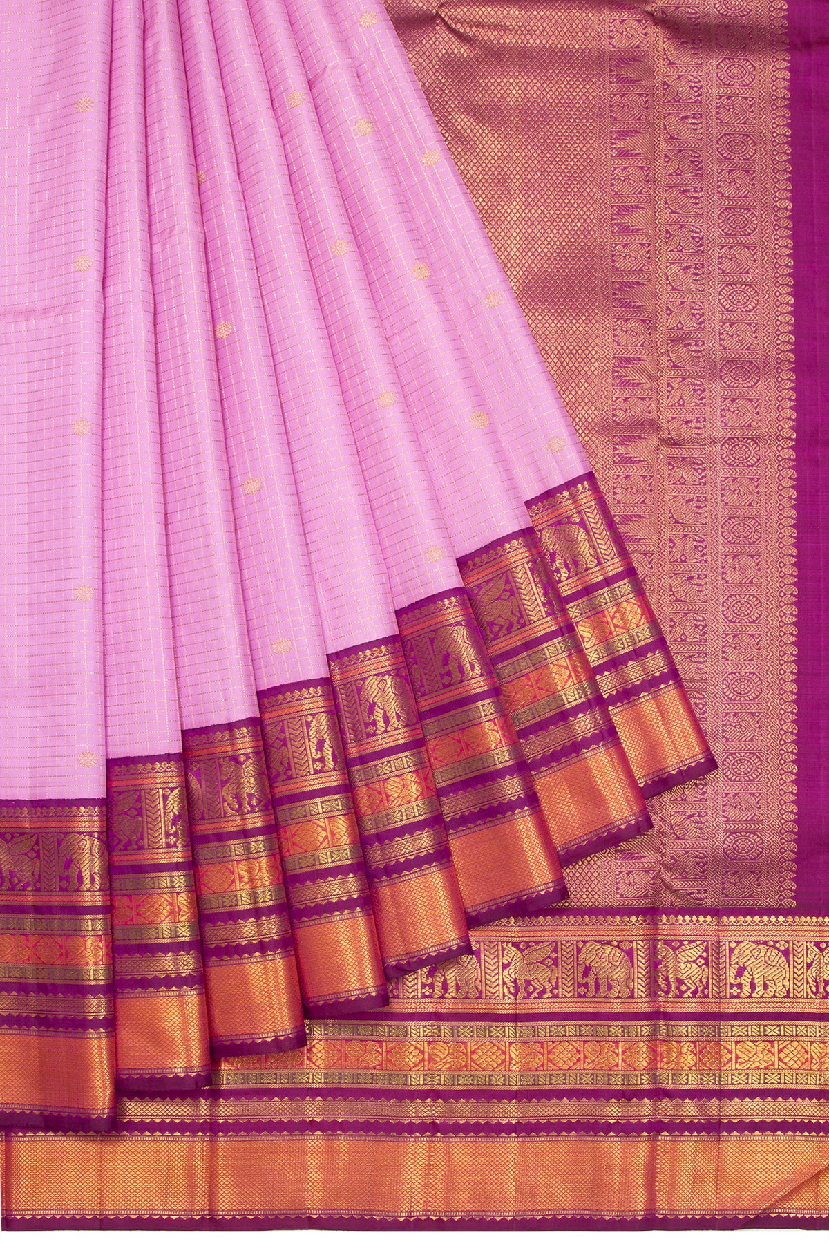 Kanchipuram Silk Checks And Butta Pink Saree