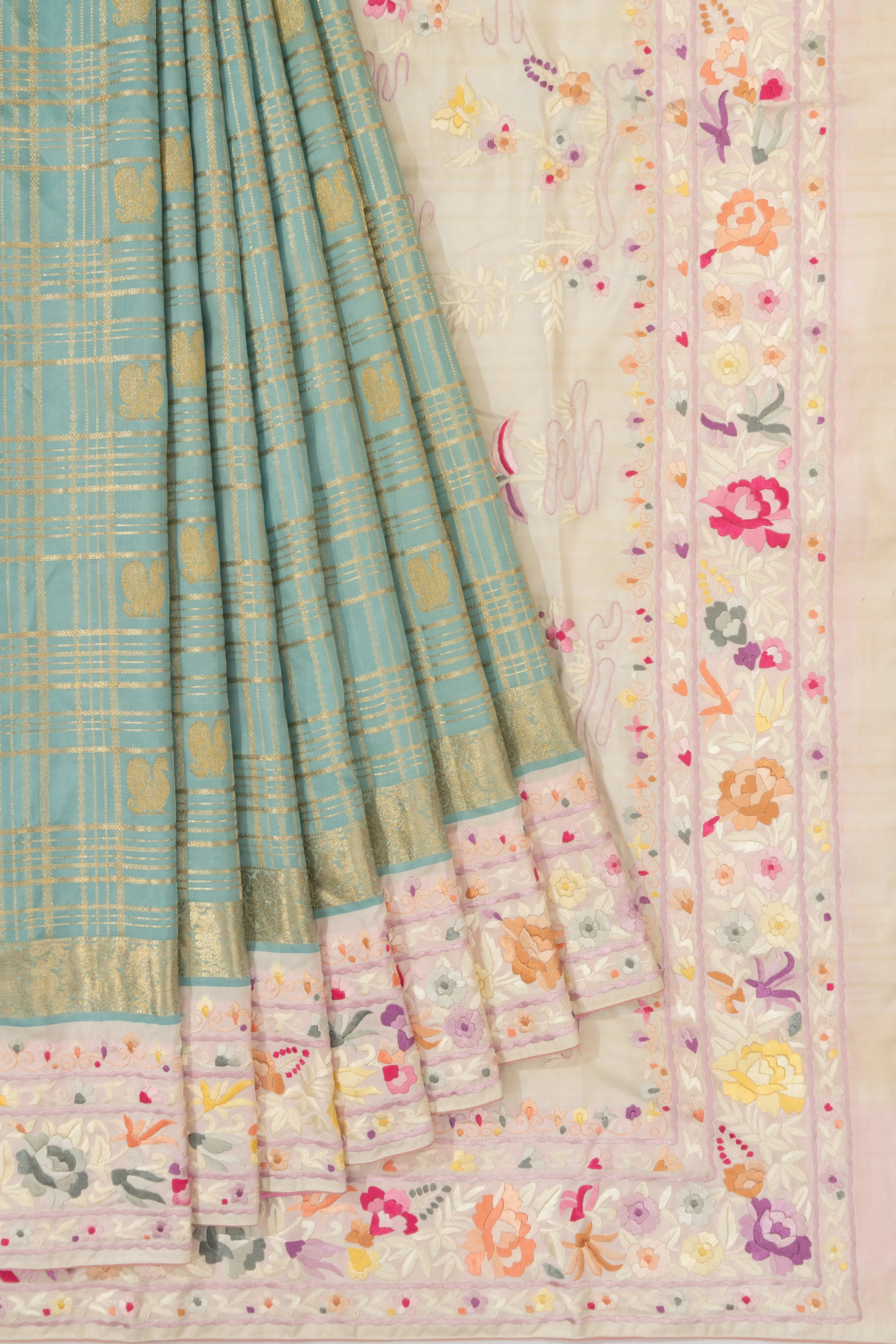 Parsi Gara X Kanchipuram Silk Checks And Butta Sky Blue Saree