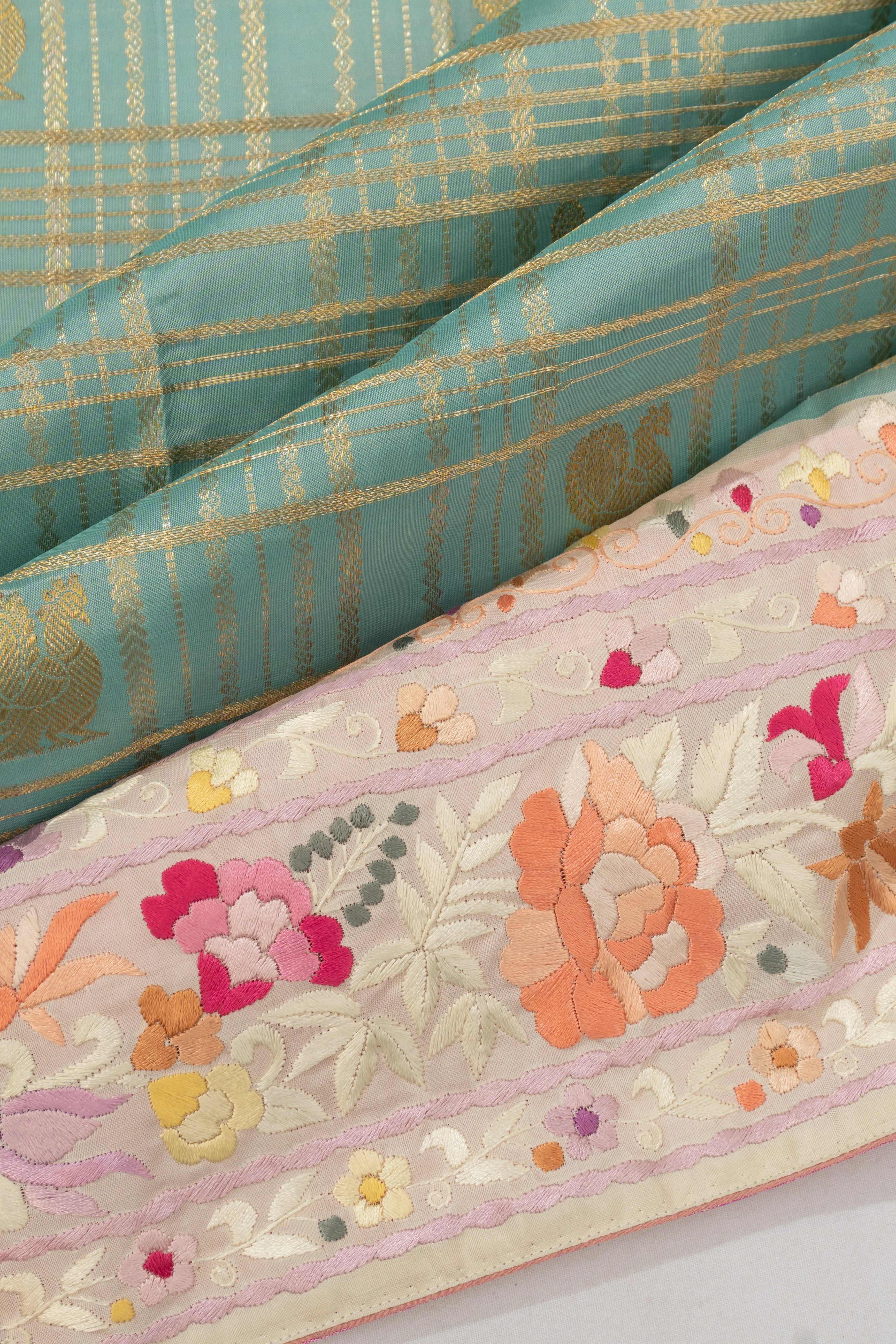 Parsi Gara X Kanchipuram Silk Checks And Butta Sky Blue Saree