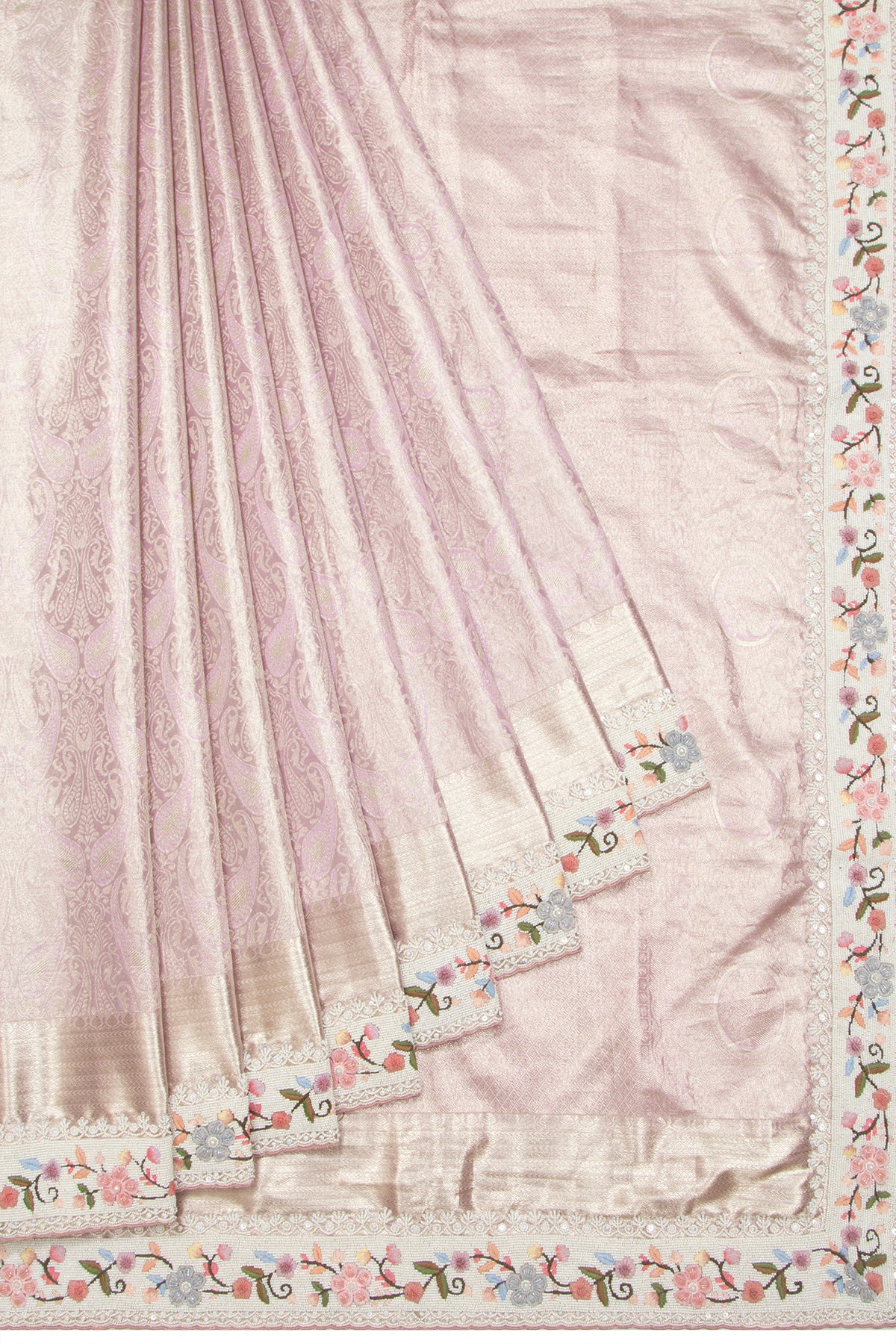 Kanchipuram Silk Tissue Brocade Lavender Saree With Embroidery Border