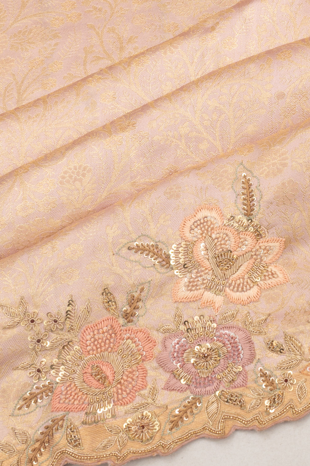 Kanchipuram Silk Tissue Brocade Baby Pink Saree With Zardosi Border