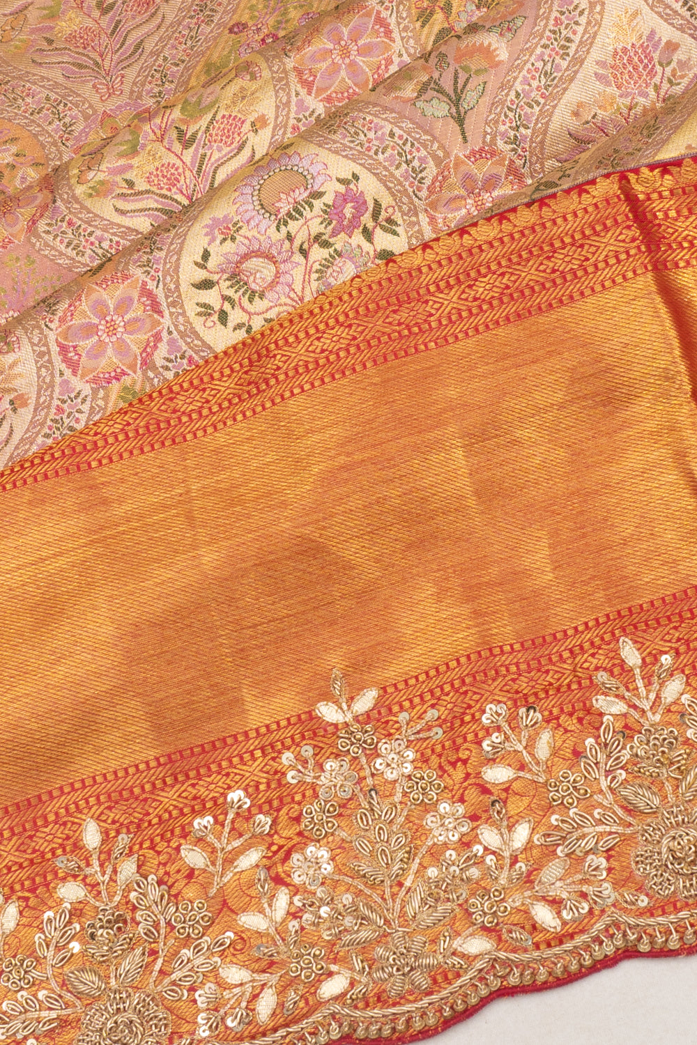 Kanchipuram Silk Tissue Brocade Gold Saree With Zardosi Work Scallop Border