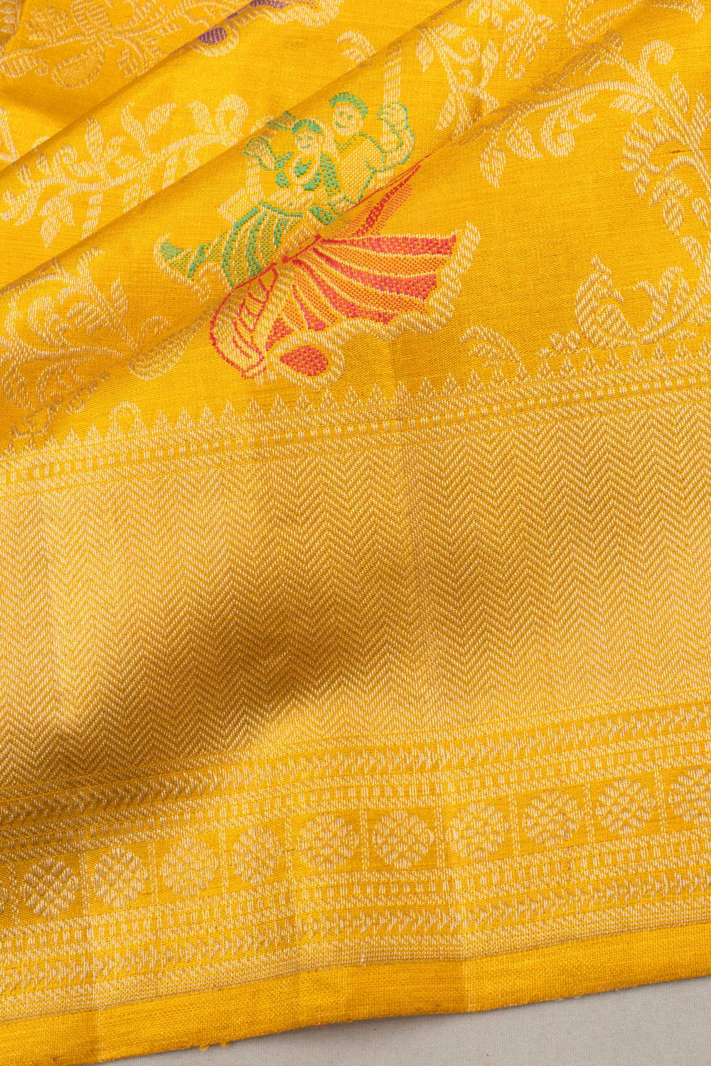 Kanchipuram Silk Meenakari Jaal Tissue Gold Saree With Radha Krishna Motifs