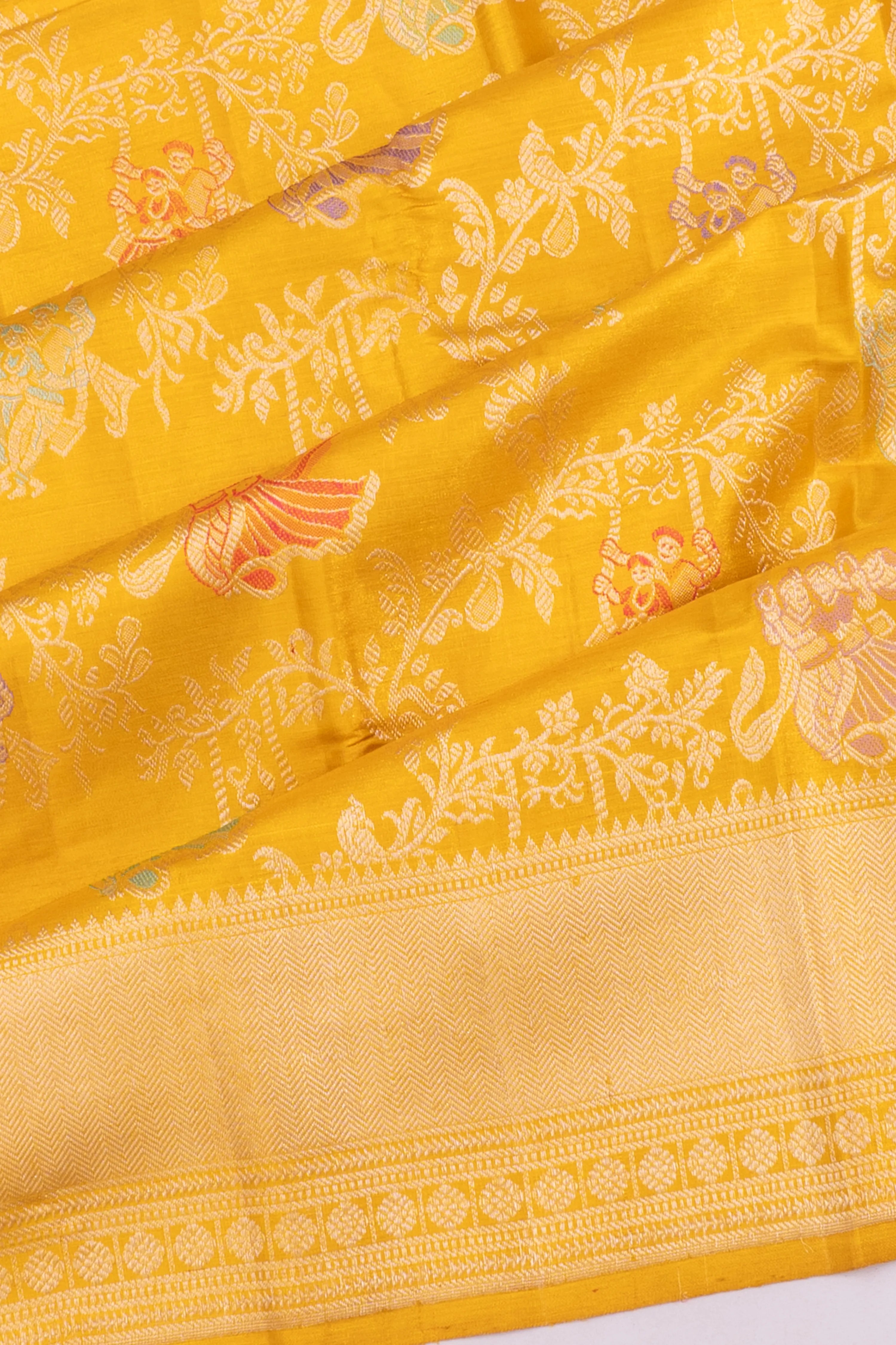 Kanchipuram Silk Meenakari Jaal Tissue Gold Saree With Radha Krishna Motifs