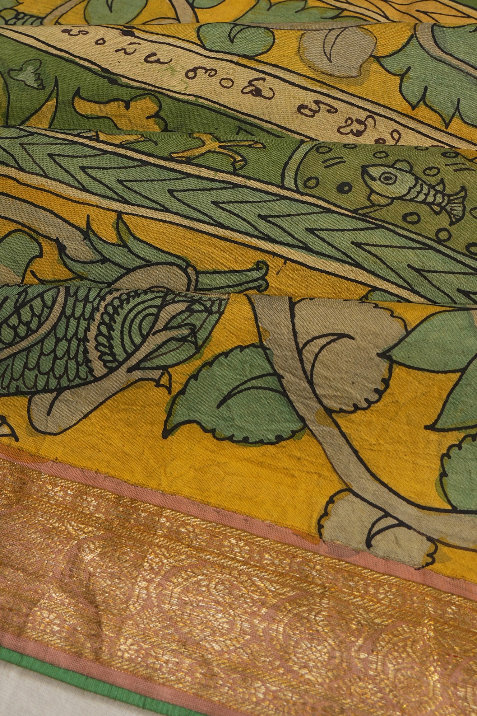 Kanchipuram Silk Kalamkari Handpainted Yellow Saree