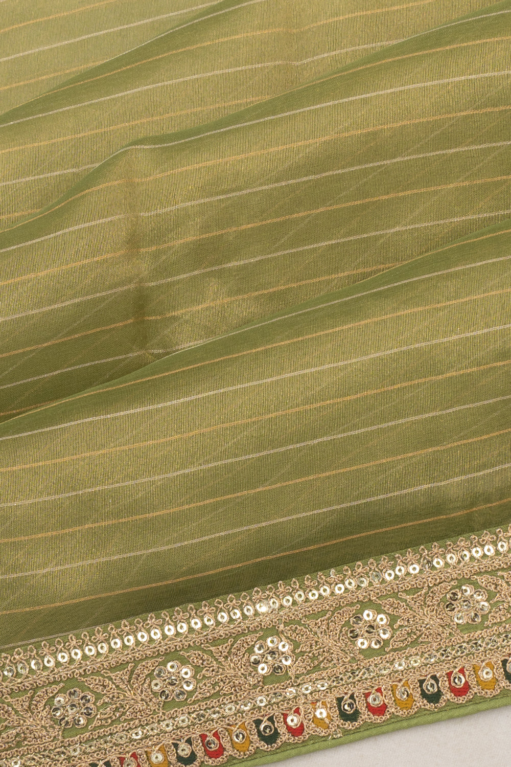 Organza Tissue Horizontal Lines Green Saree