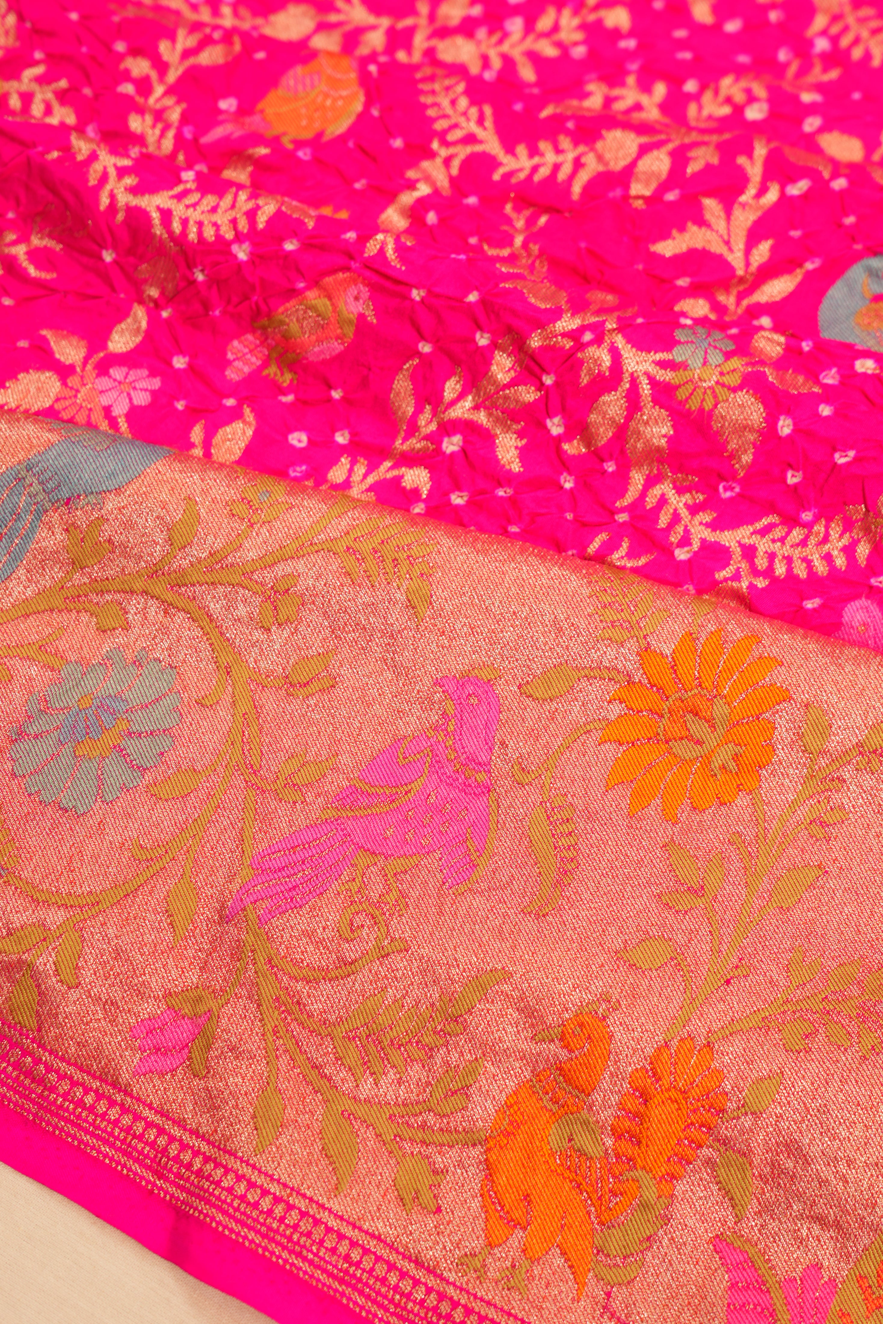 Banarasi Silk Bandhani And Brocade Rani Pink Saree