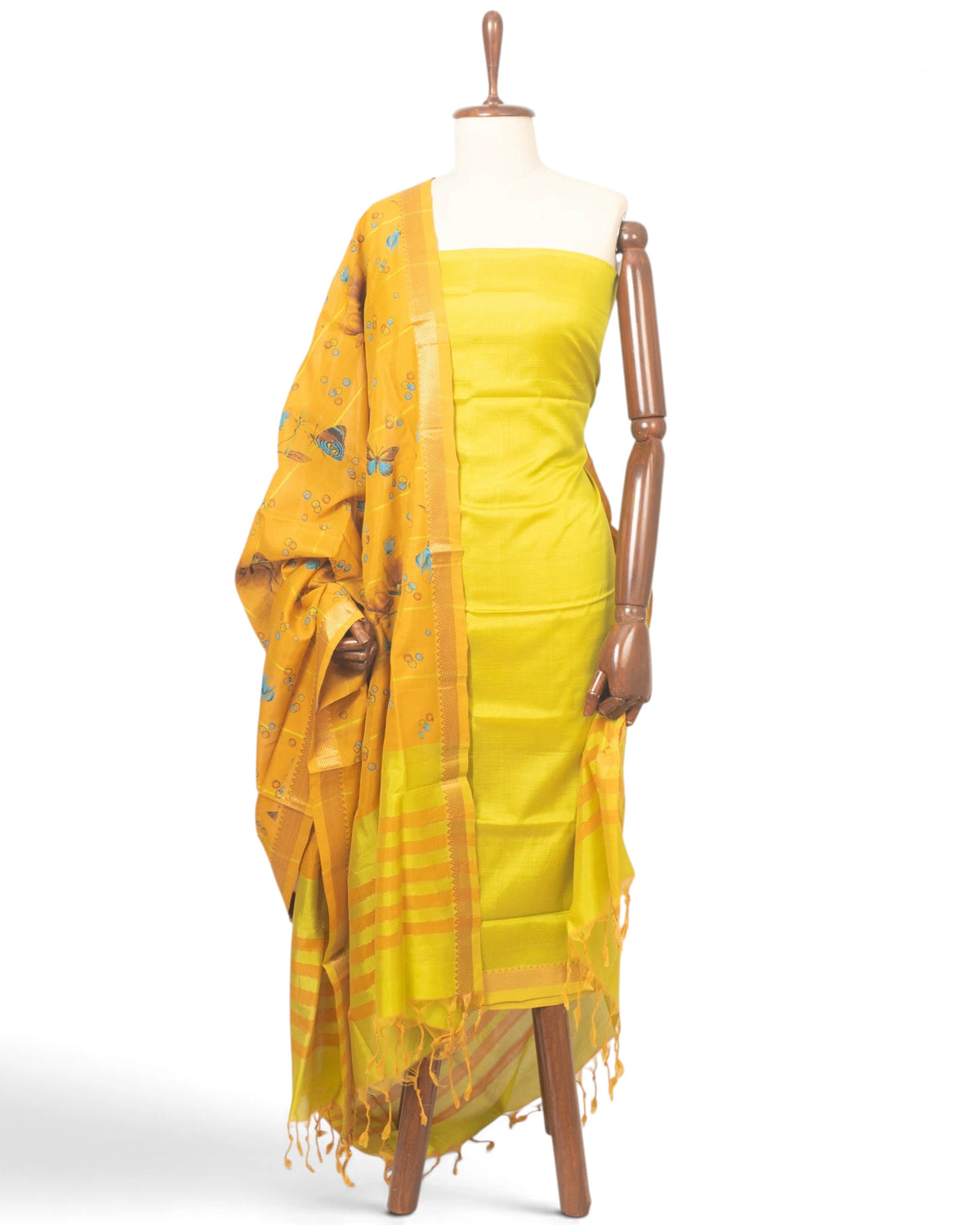 Maheswari Cotton Lines Yellow Salwar Suit Set W/O Bottom