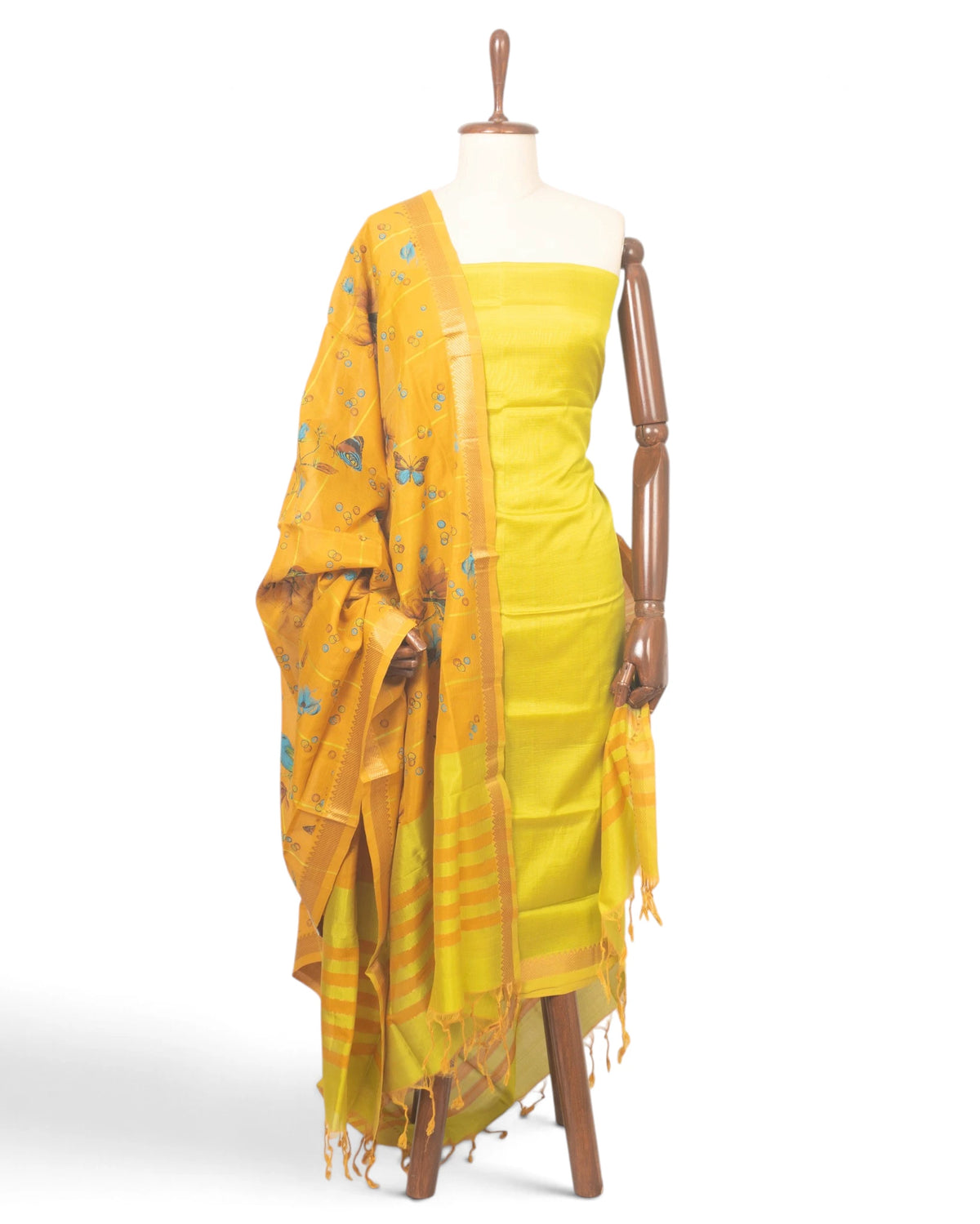 Maheswari Cotton Lines Yellow Salwar Suit Set W/O Bottom