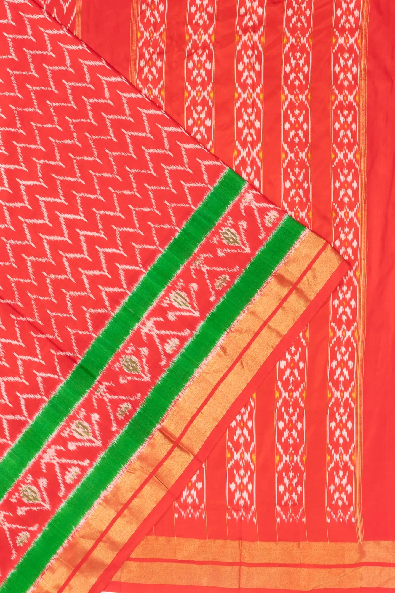 Pochampally Silk Ikat Chevron Lines Red Saree