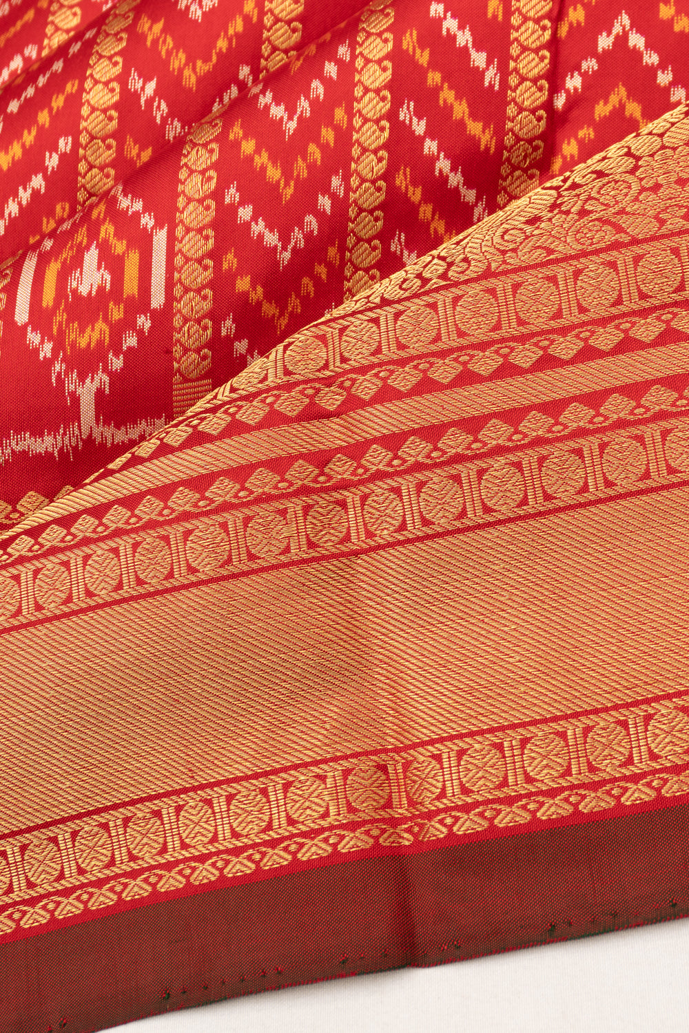 Kanchipuram Silk Ikat And Vertical Lines Red Saree