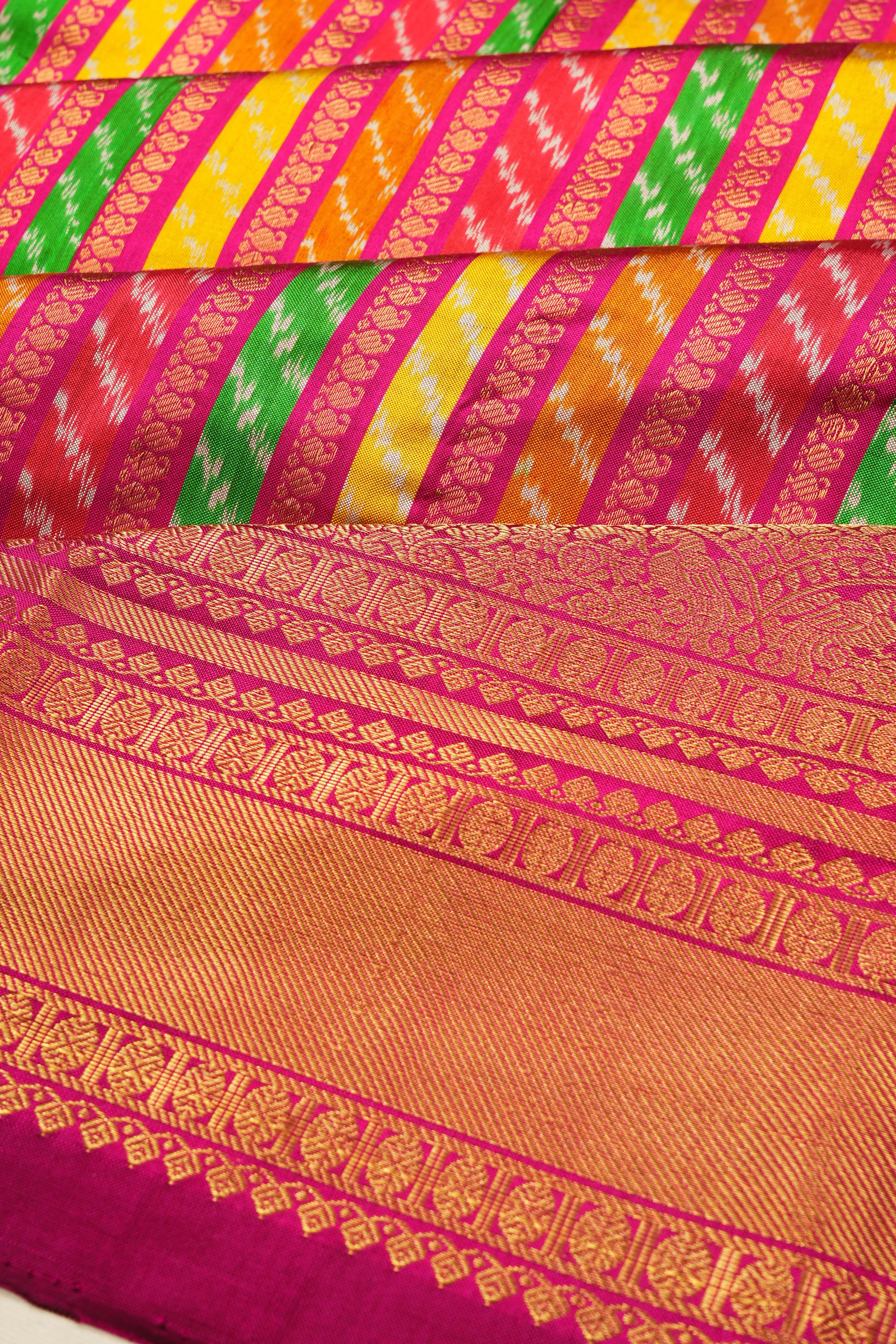 Kanchipuram Silk Ikat And Vertical Lines Multicolour Pink Saree