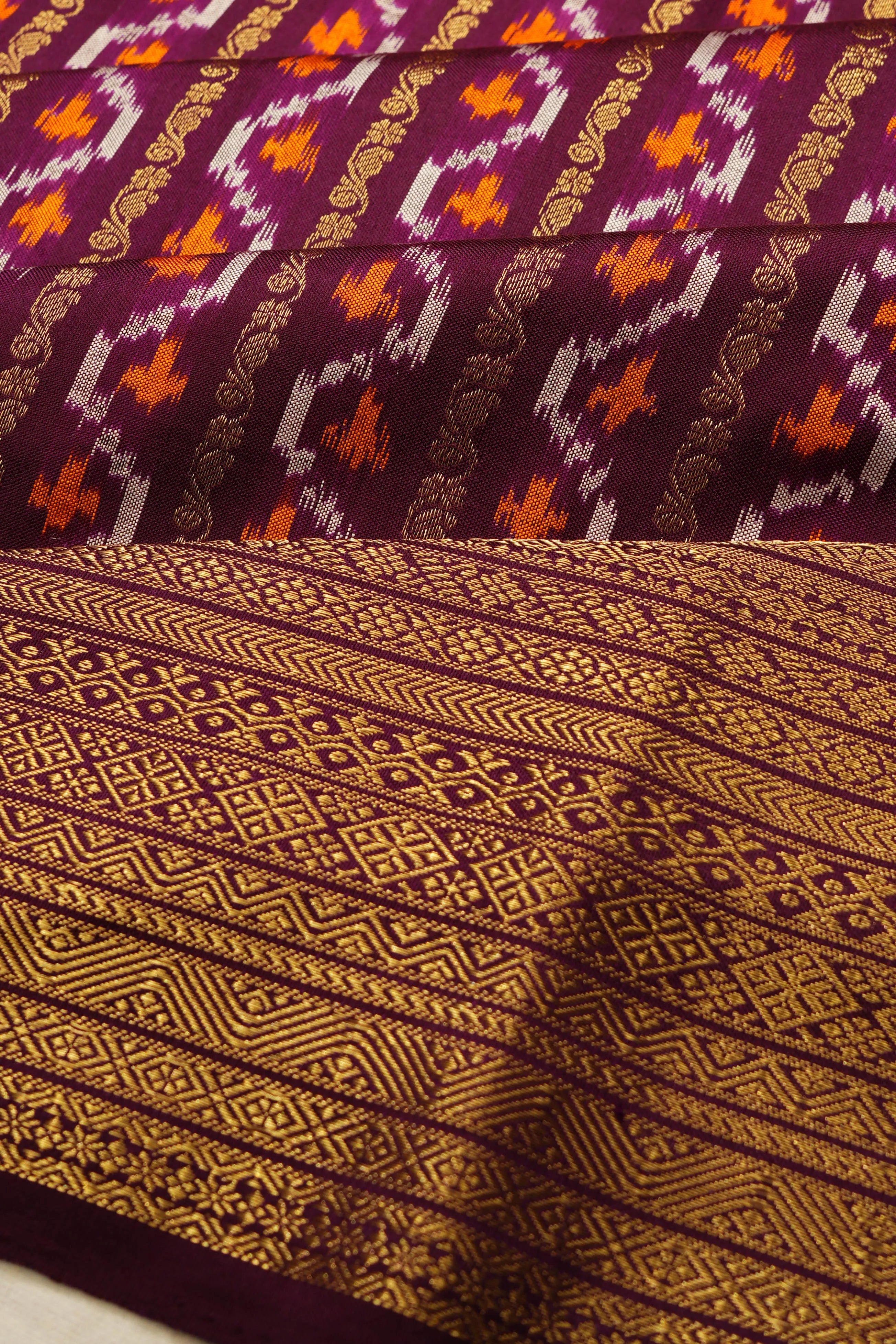 Kanchipuram Silk Ikat And Vertical Lines Purple Saree