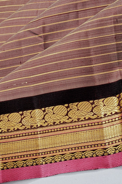 Kanchipuram Silk Horizontal Lines Pastel Brown Saree