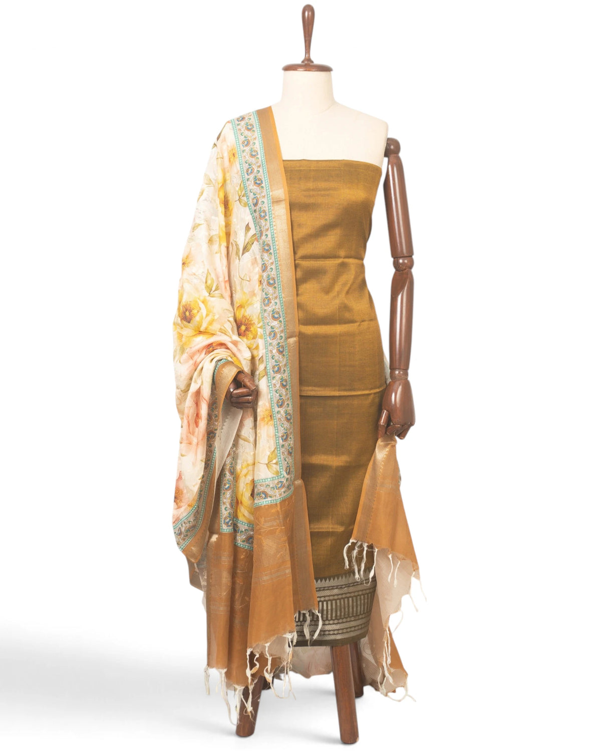 Maheswari Cotton Metallic Green Lines Salwar Suit Set Set W/O Bottom