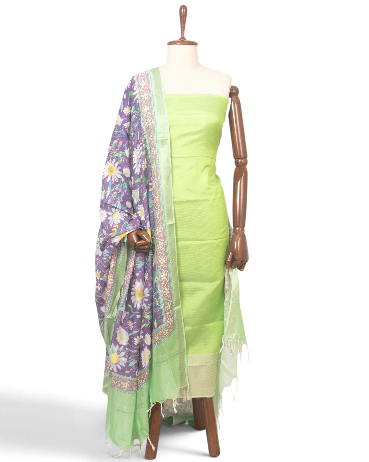 Maheswari Cotton Lines Pista Green Salwar Suit Set Set W/O Bottom