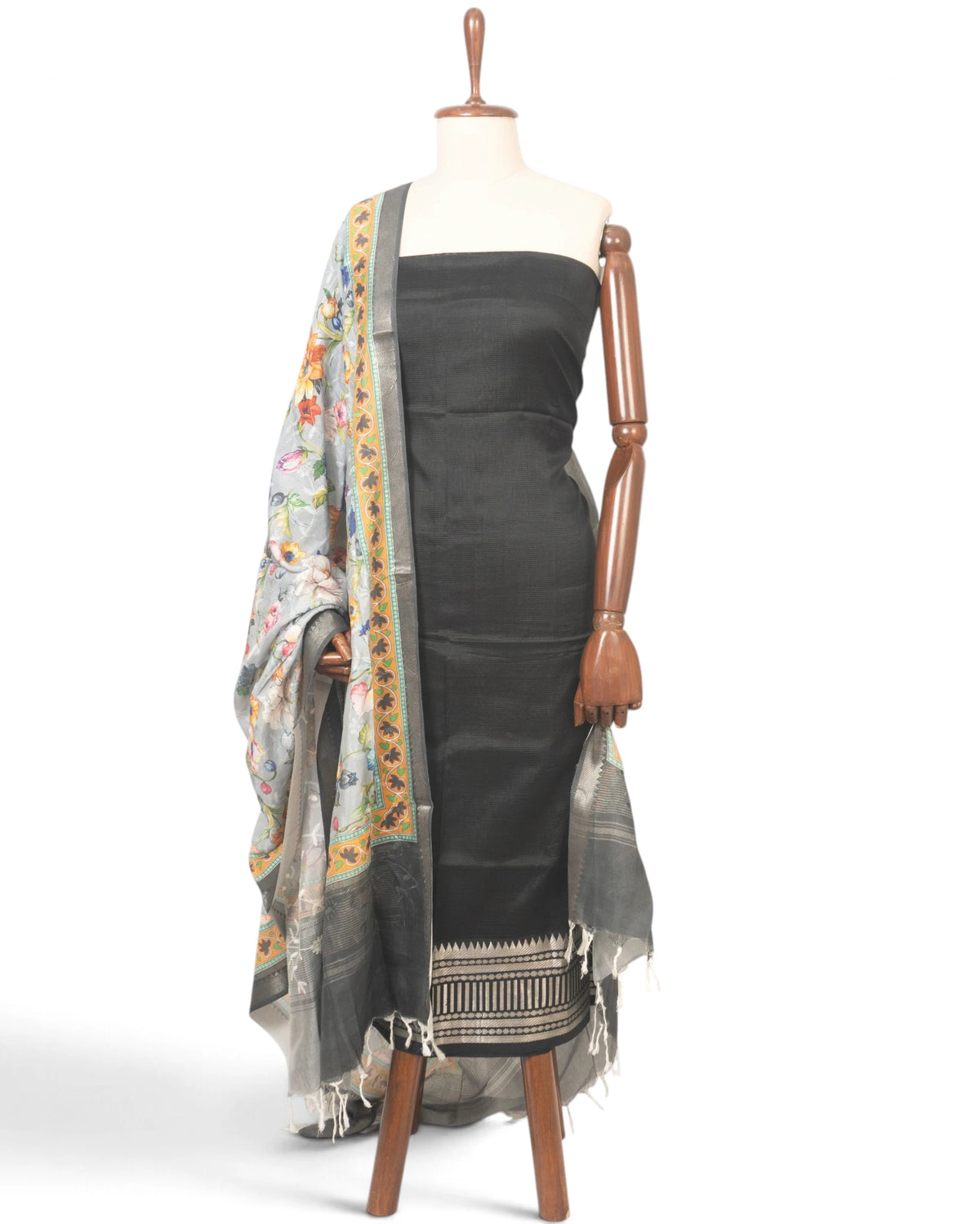 Maheswari Cotton Lines Black Salwar Suit Set Set W/O Bottom