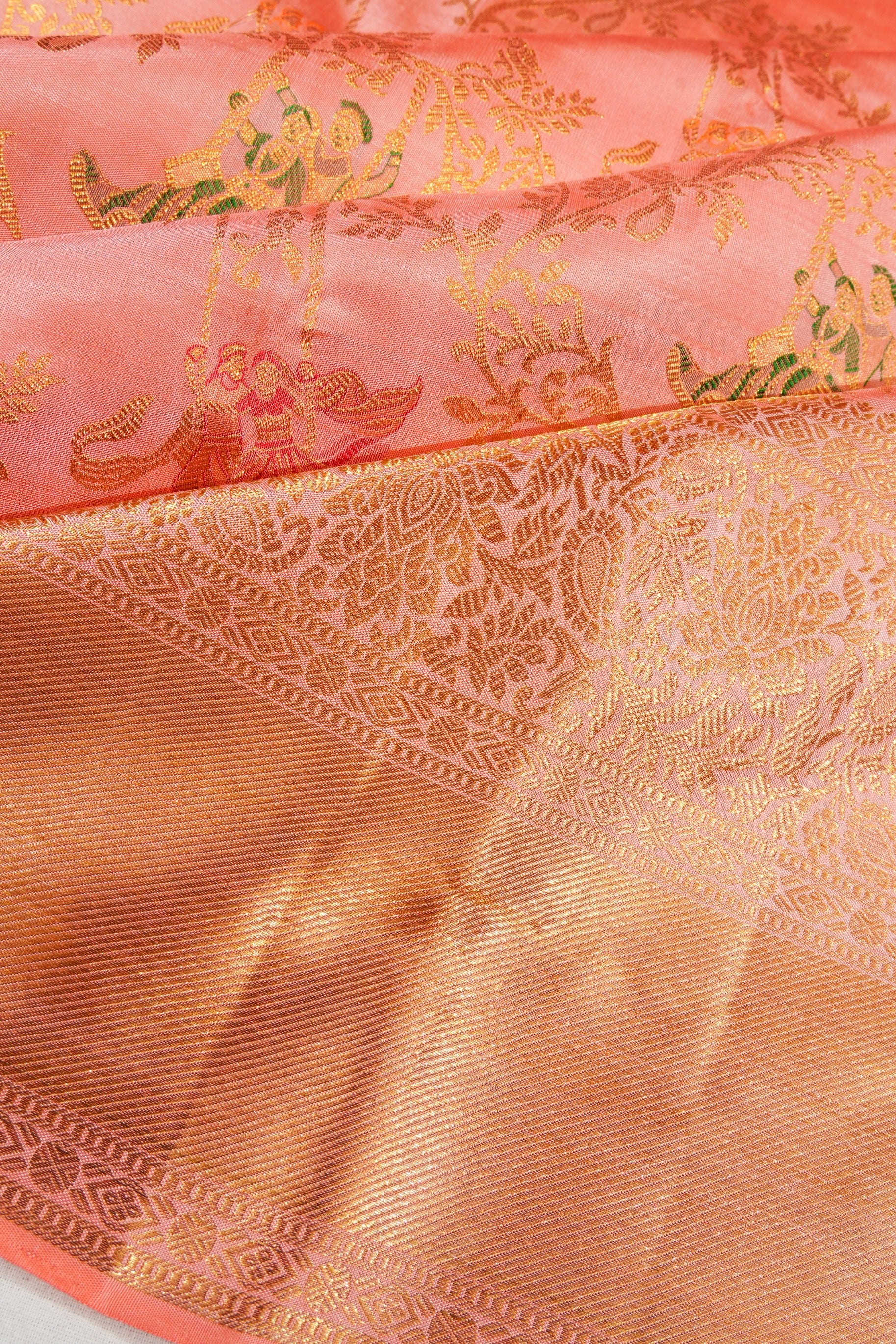 Kanchipuram Silk Jaal Baby Pink Saree With Radha Krishna Motif