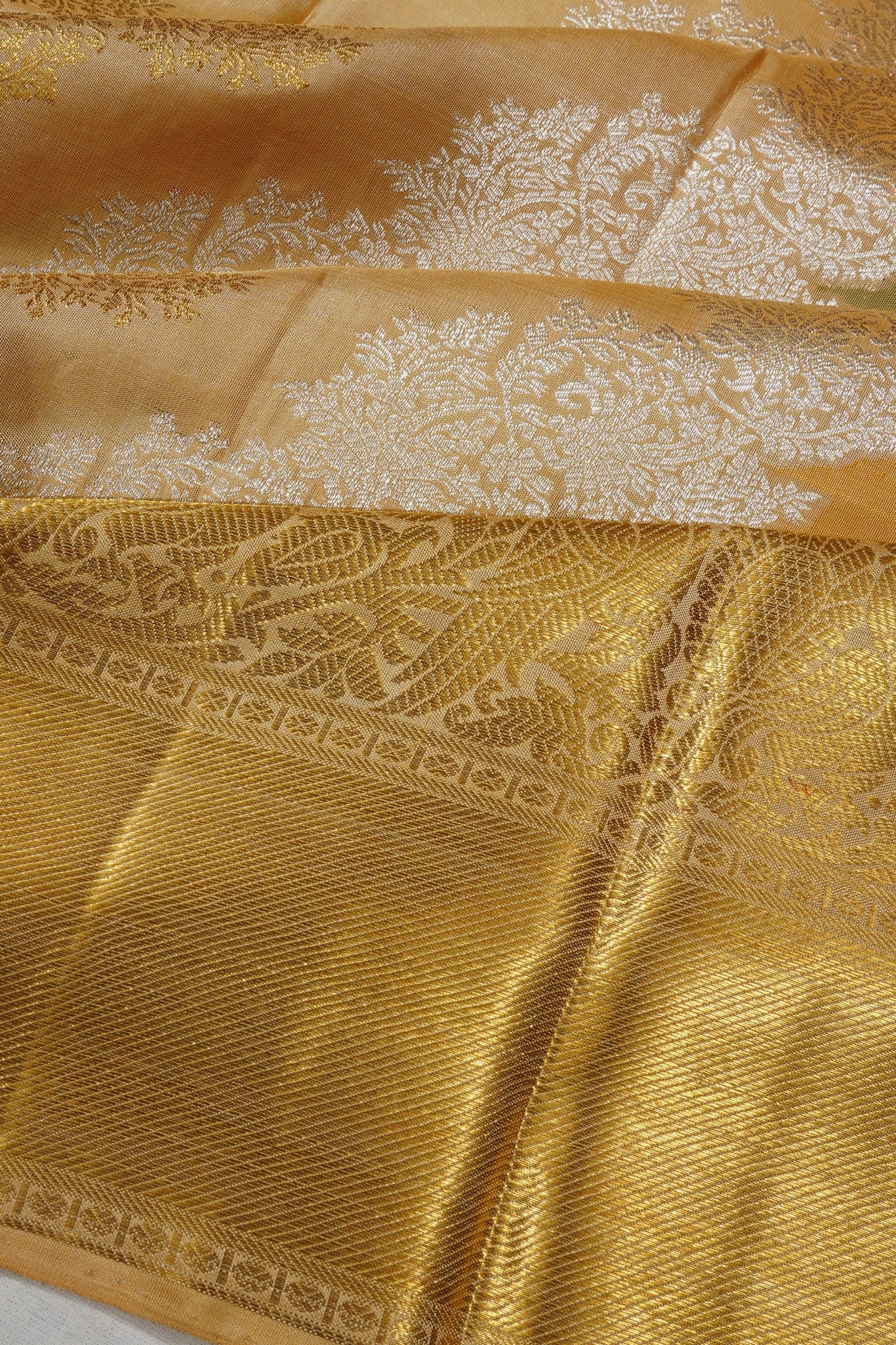 Kanchipuram Silk Tissue Rangkat Inspired Jaal Gold Saree