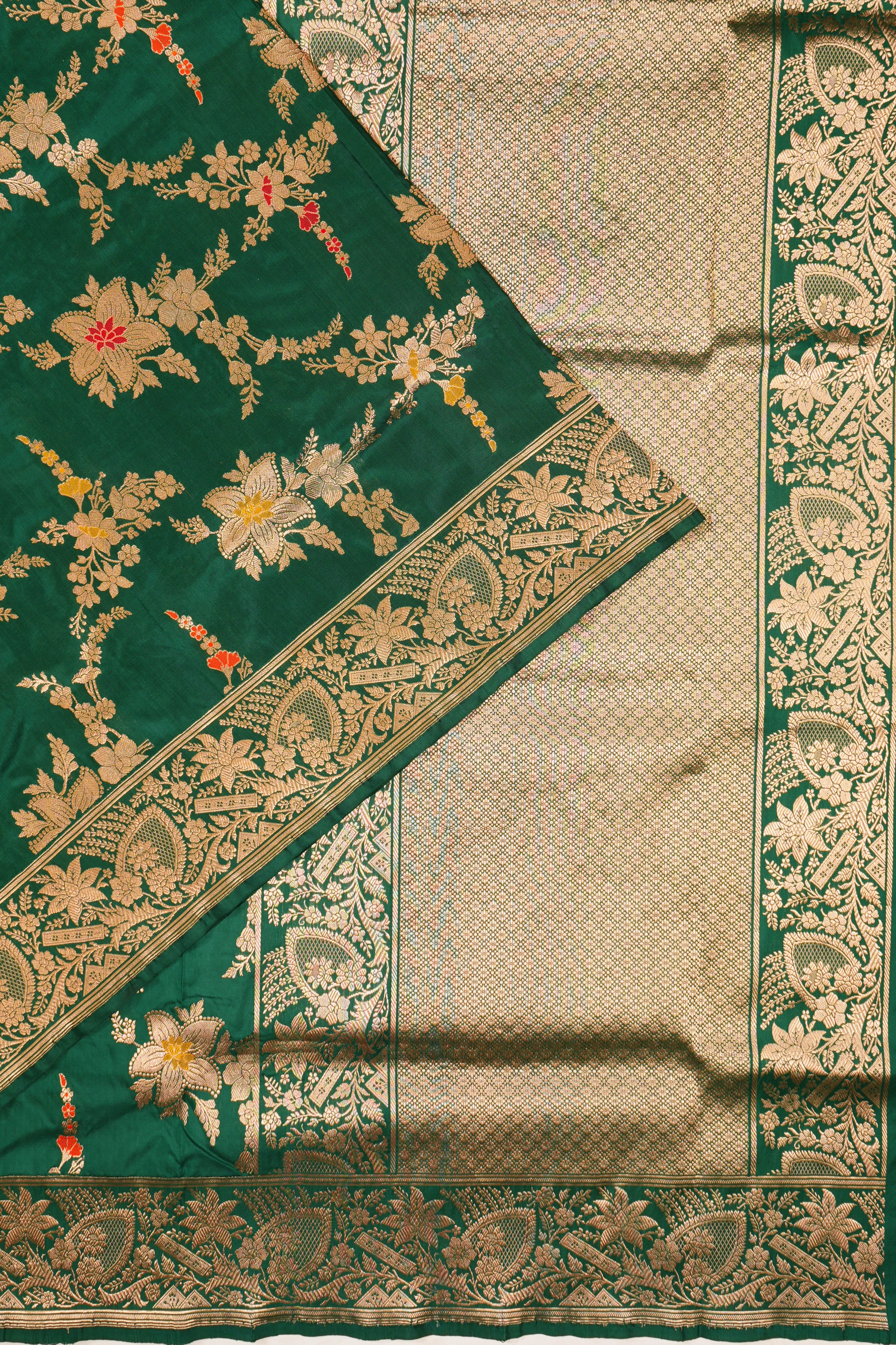 Banarasi Silk Jaal Dark Green Saree