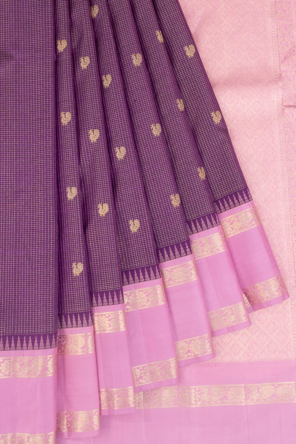 Classic Kanchipuram Silk Checks And Butta Purple Saree