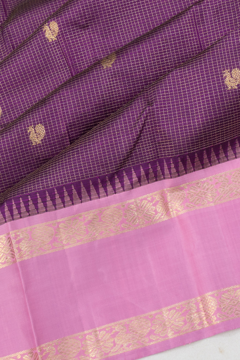 Classic Kanchipuram Silk Checks And Butta Purple Saree