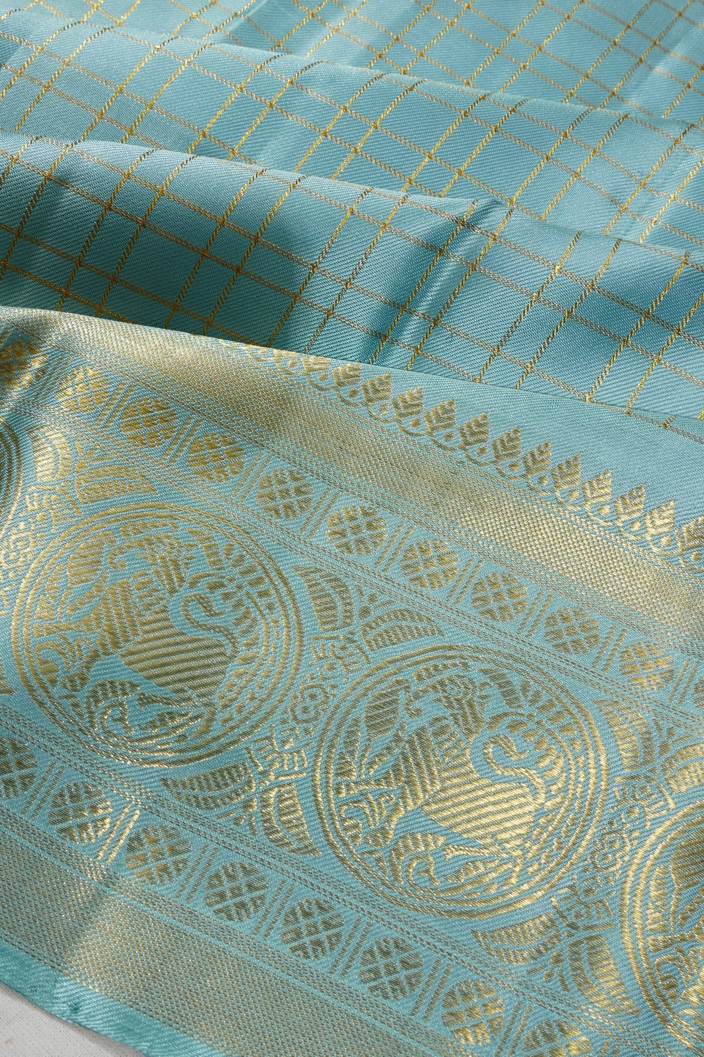 Kanchipuram Silk Twill Checks Pastel Blue Saree