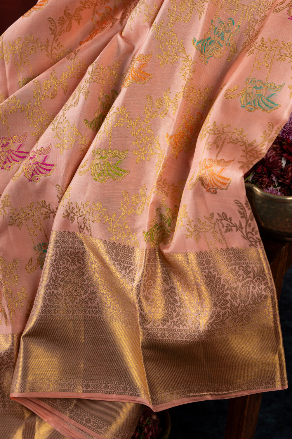 Kanchipuram Silk Meenakari Jaal Baby Pink Saree With Radha Krishna Motifs