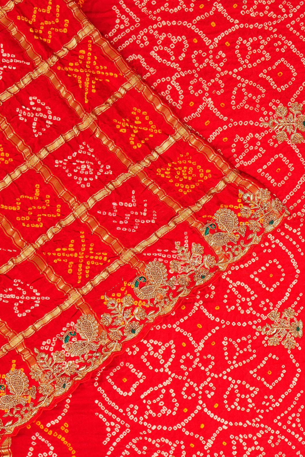 Banarasi Silk Bandhani Checks Red Saree With Embroidery Border