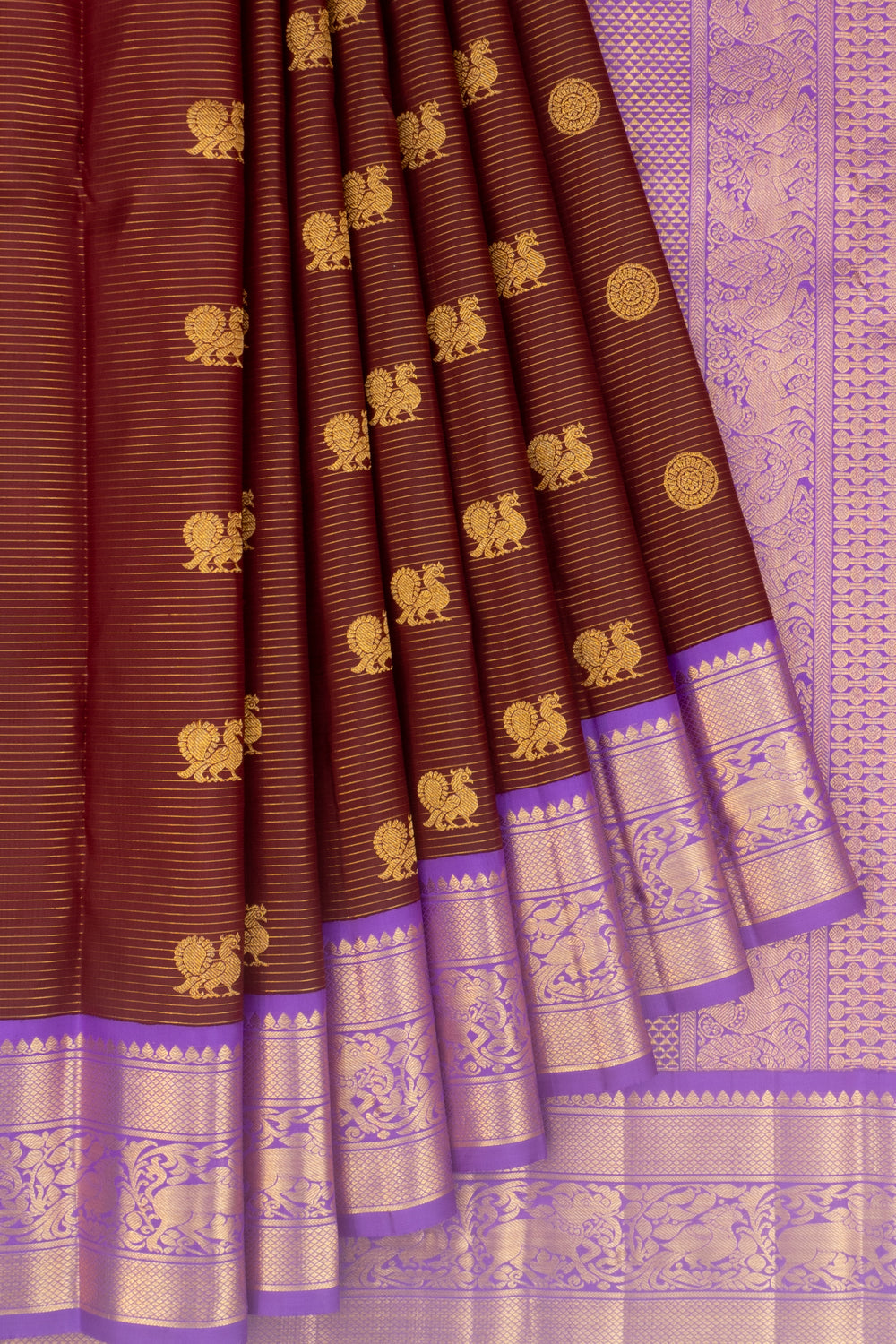 Kanchipuram Silk Oosi Lines And Butta Brown Saree