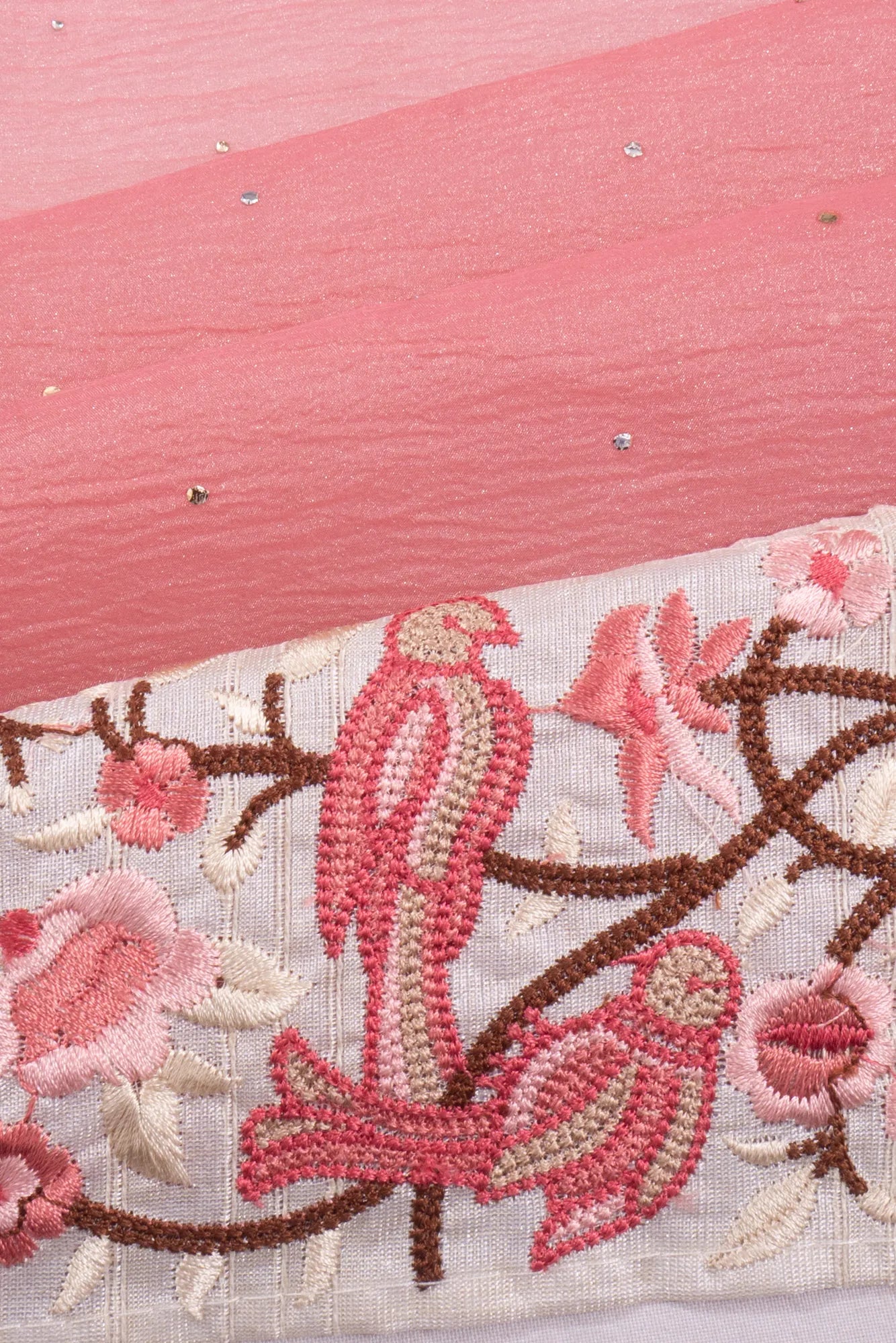 Crushed Organza Butta Peach Saree With Attached Border