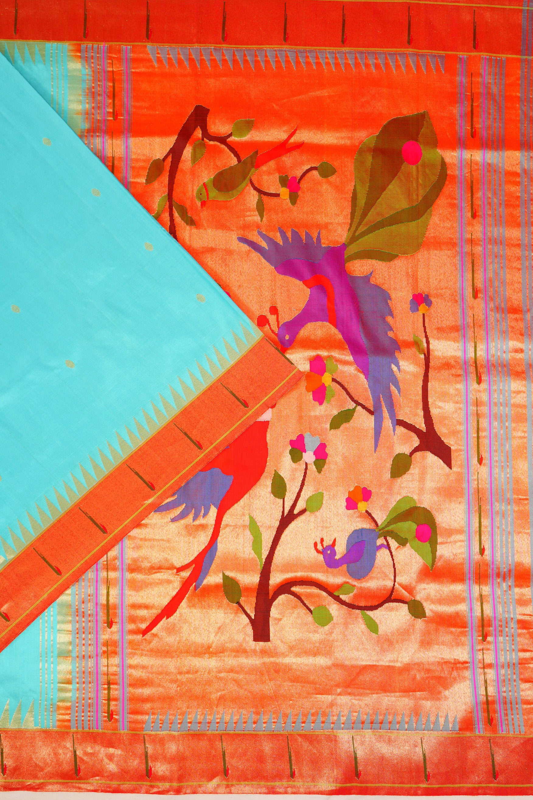 Paithani Silk Butta Sky Blue Saree With Single Muniya Border