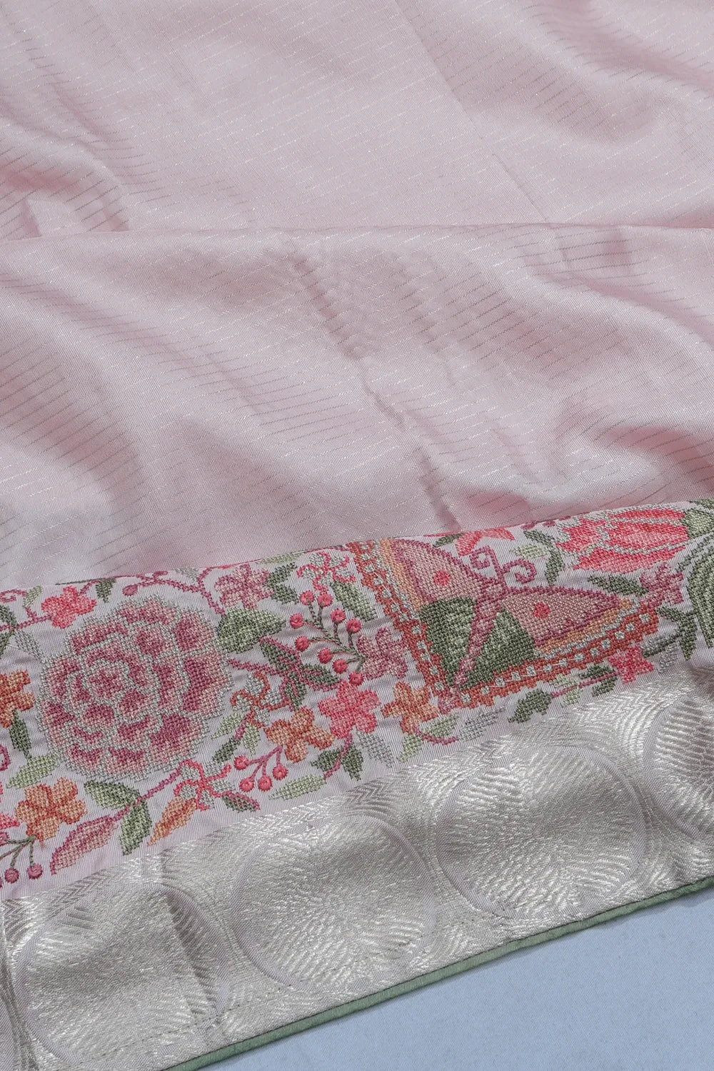 Kanchipuram Silk Oosi Lines Baby Pink Saree With Embroidery Border