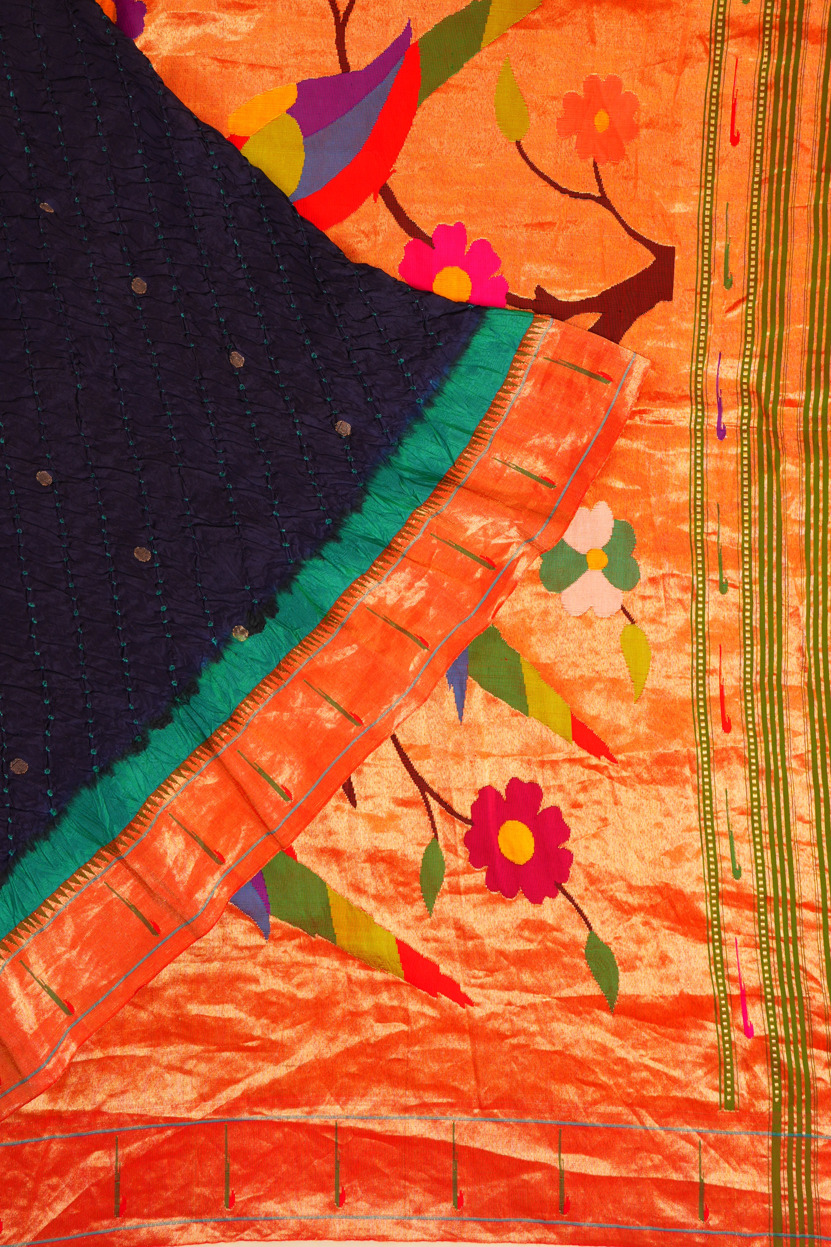 Paithani Silk Bandhani And Butta Dark Blue Saree With Single Muniya Border