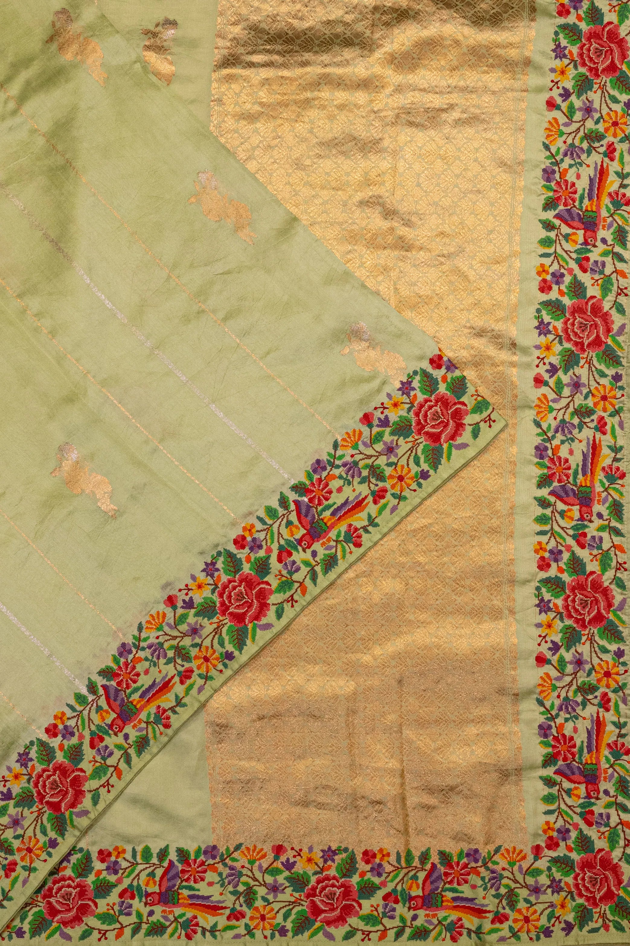 Banarasi Silk Vertical Lines And Butta Pista Green Saree With Embroidery Border