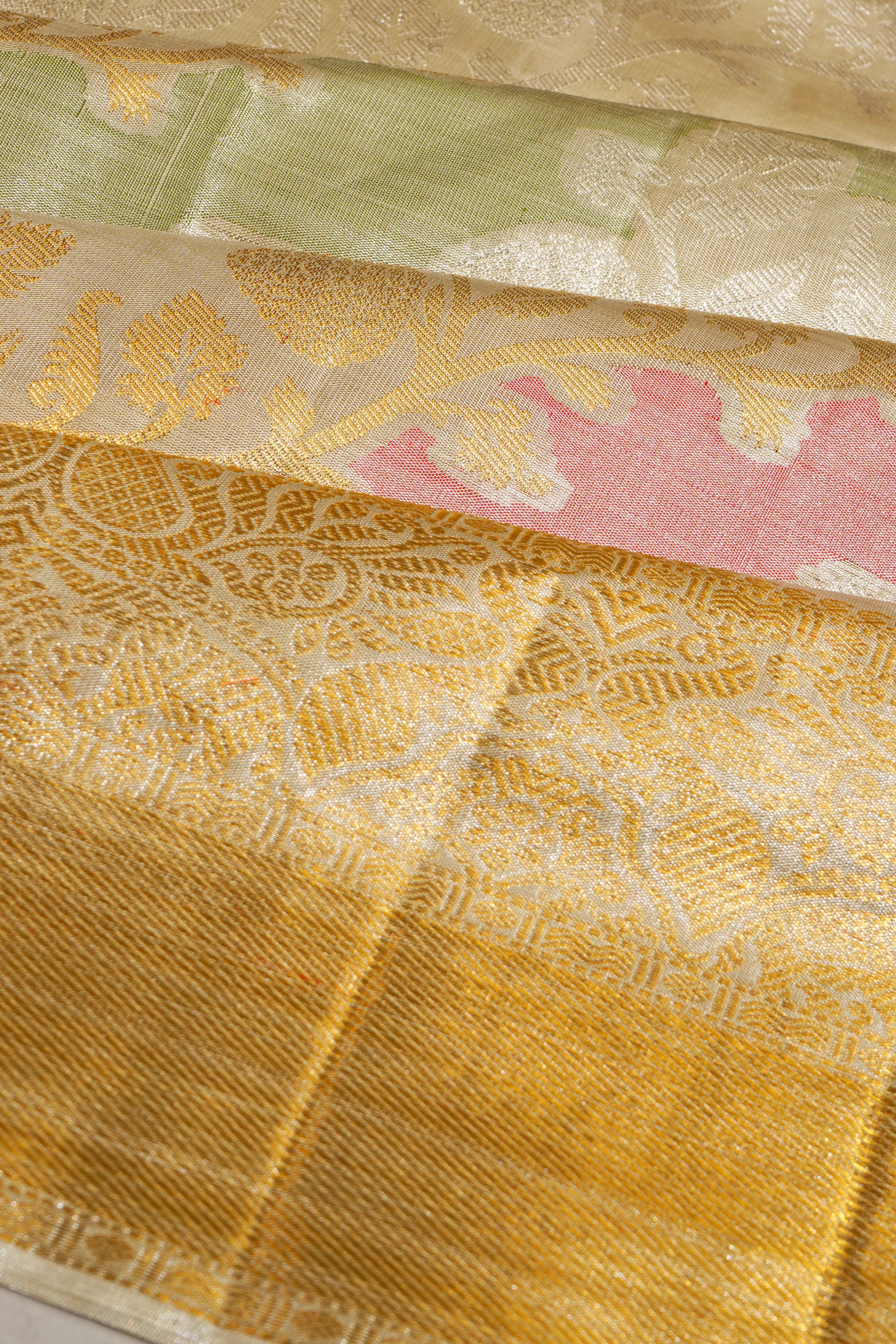 Kanchipuram Silk Tissue Jaal Rangkat Inspired Gold Saree