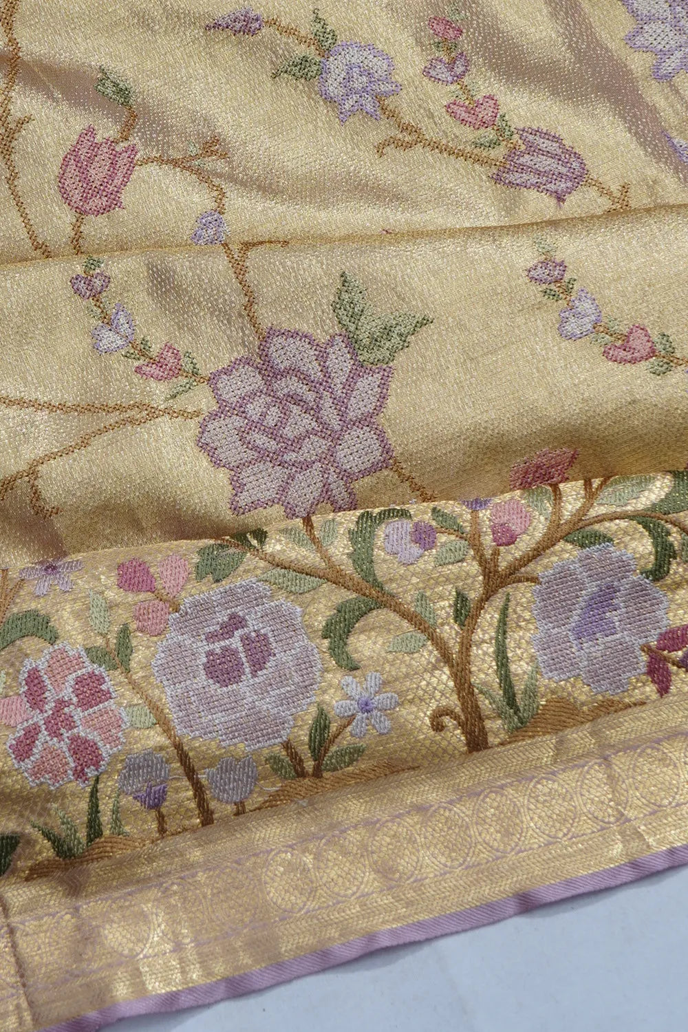 Kanchipuram Silk Tissue Brocade And Embroidery Gold Saree