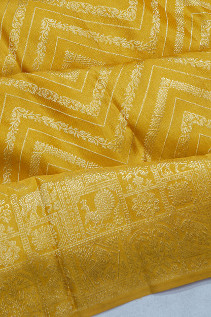 Kanchipuram Silk Zig Zag Lines Mustard Yellow Saree