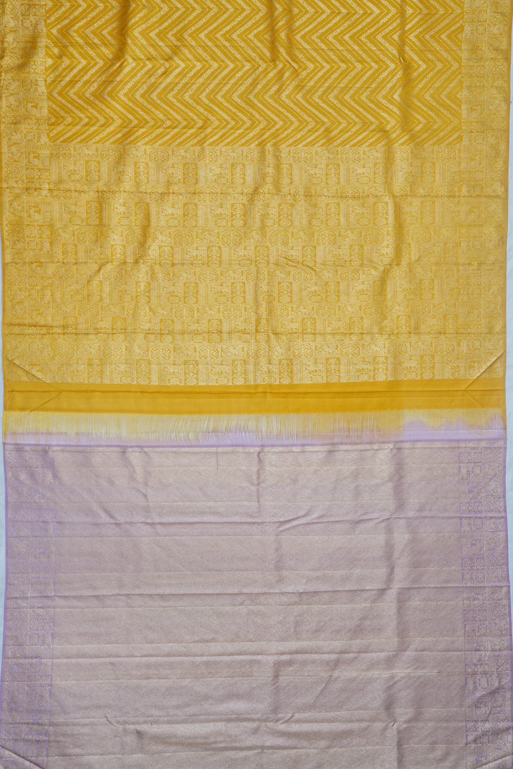 Kanchipuram Silk Zig Zag Lines Mustard Yellow Saree