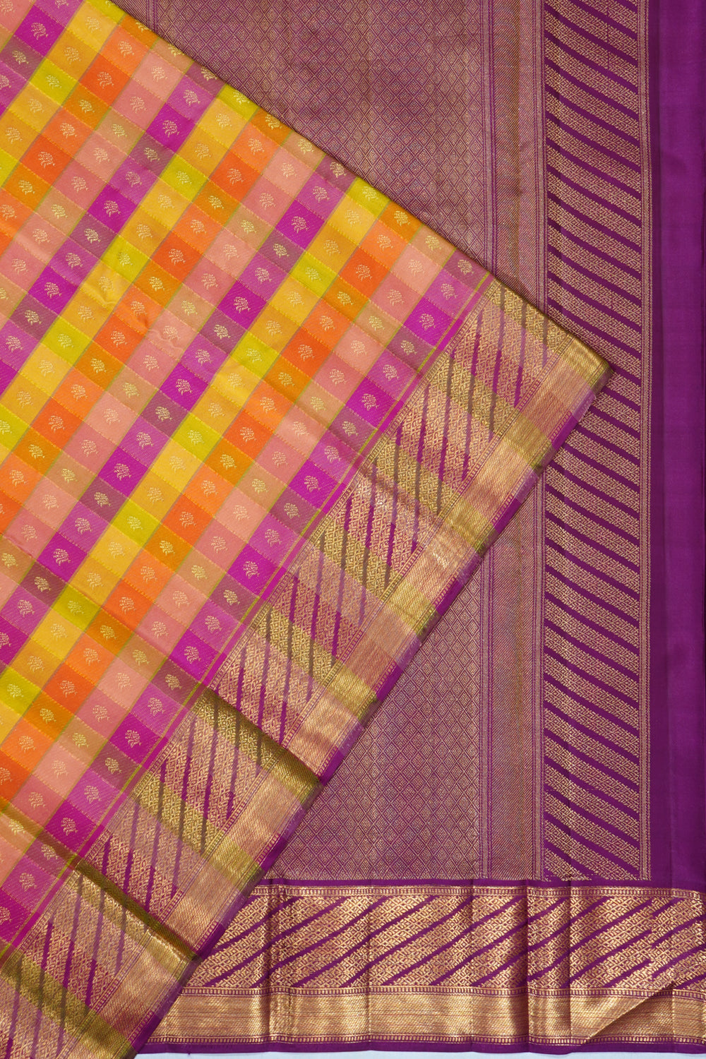 Classic Kanchipuram Silk Checks And Butta Multicolour Saree