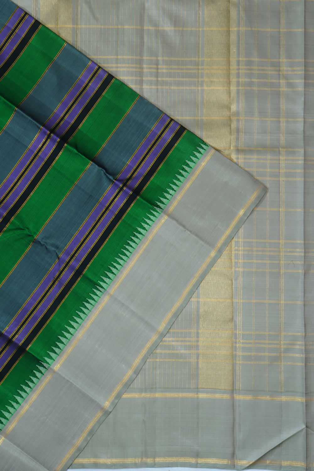 Classic Kanchipuram Silk Horizontal Lines Multicolour Grey Saree