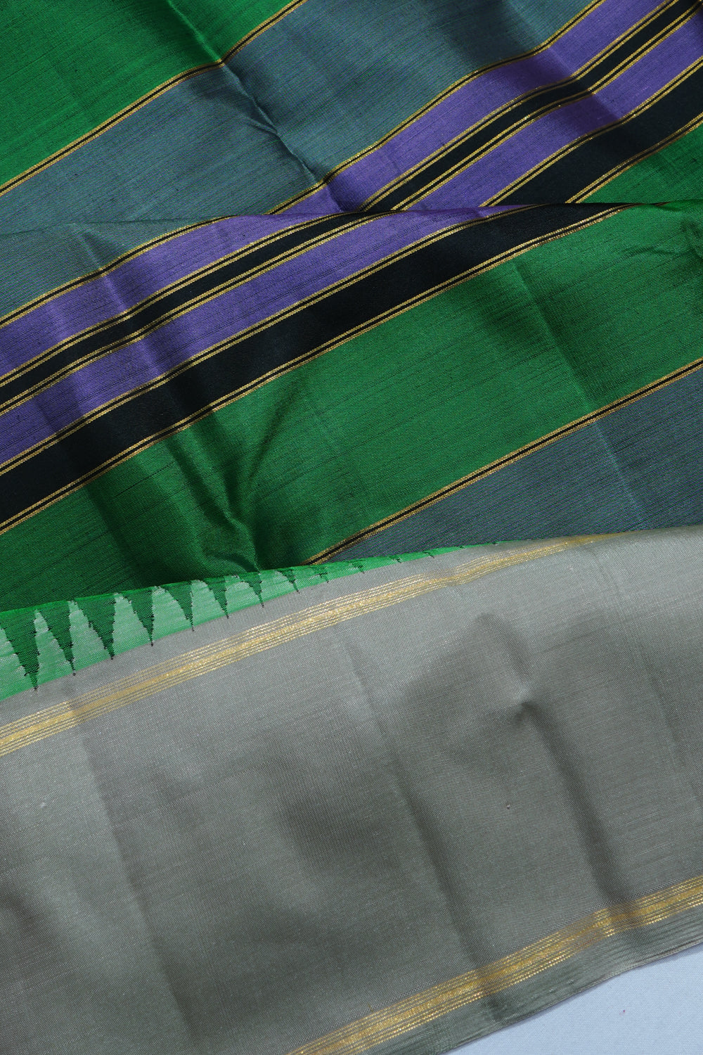 Classic Kanchipuram Silk Horizontal Lines Multicolour Grey Saree