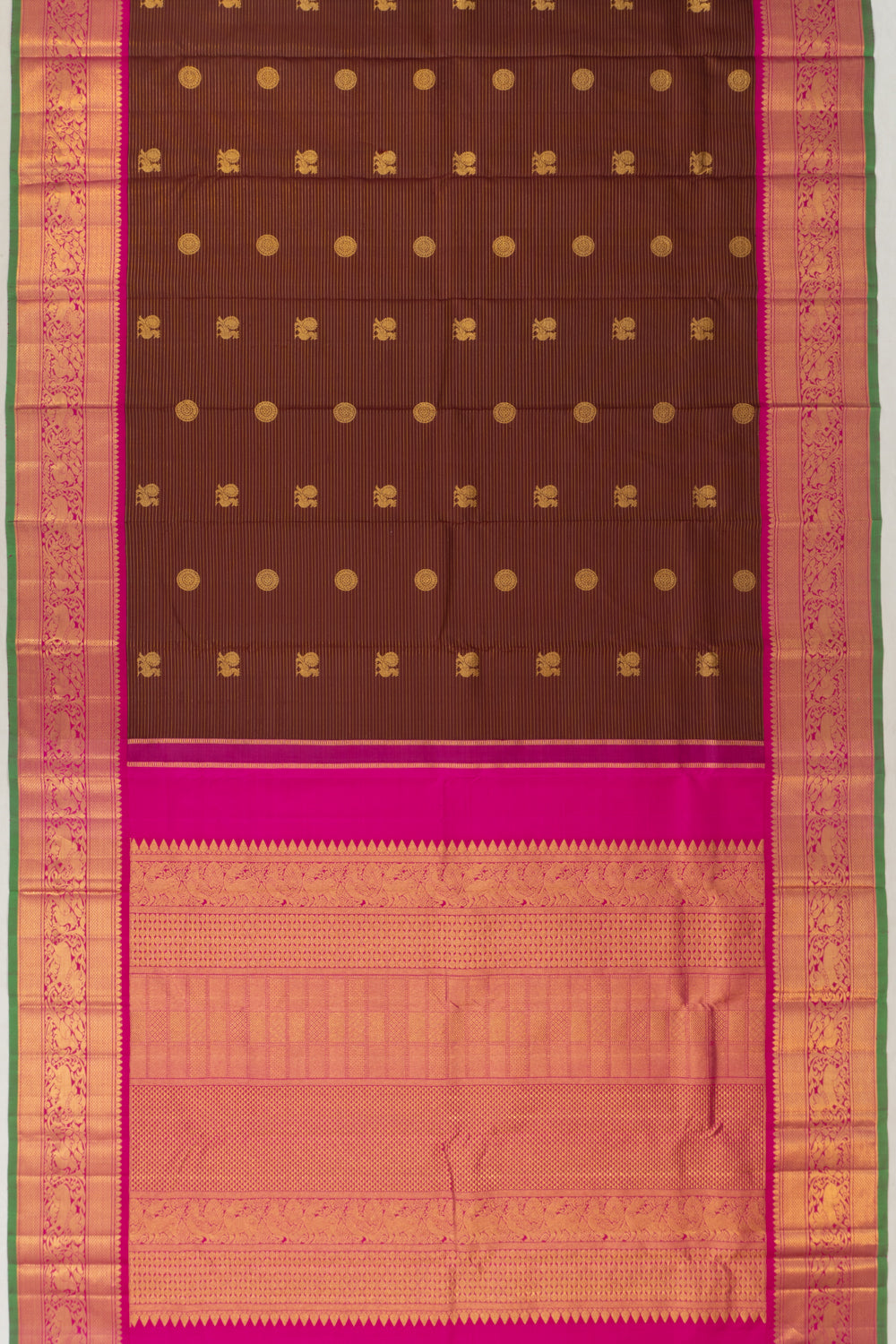 Kanchipuram Silk Oosi Lines And Butta Brown Saree